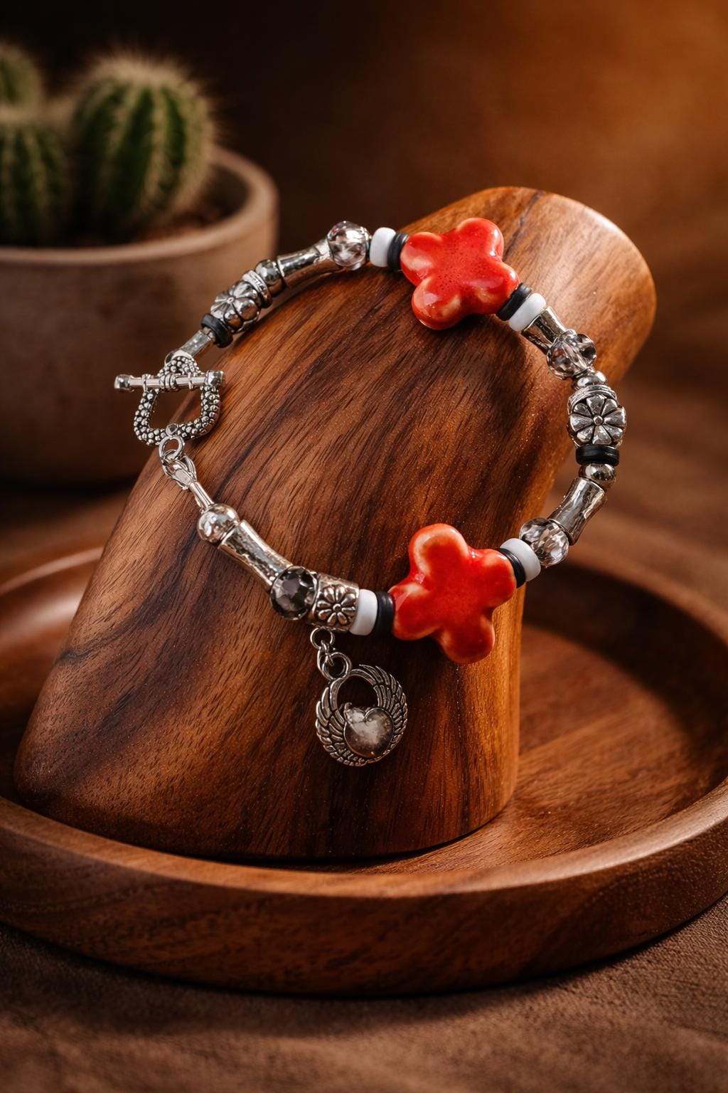 Bracelet,  Red Ceramic bead and stainless beads