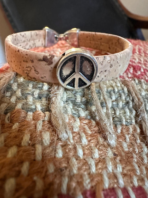 Bracelet, Cork, Natural, Antique Silver Peace Sign Slider, Silver Clasp
