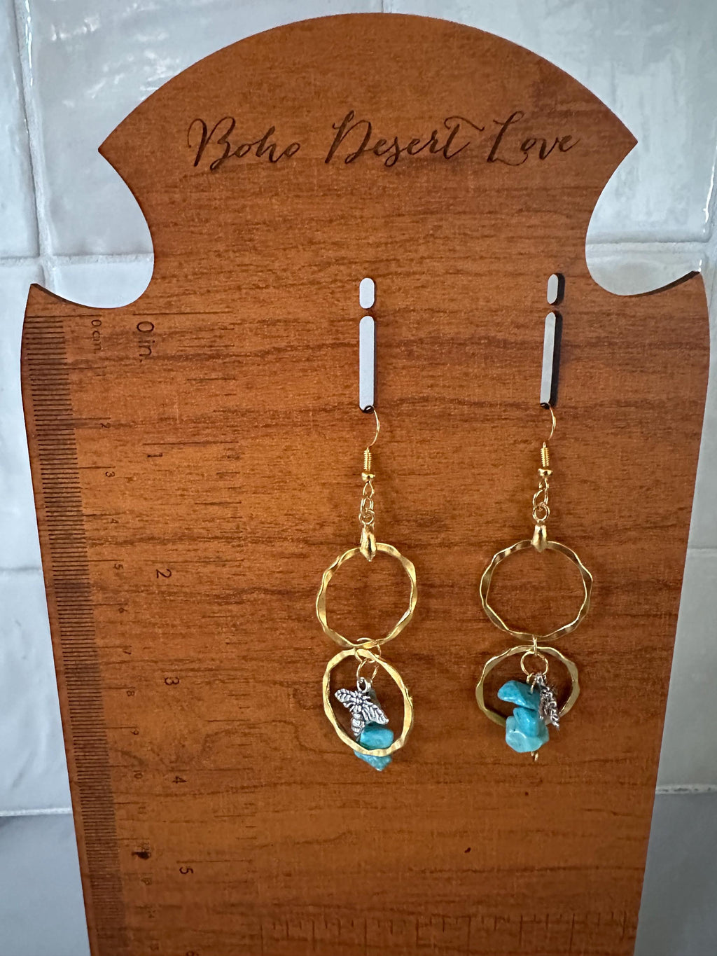 Turquoise Stone, Gold Plated Rings with Antique Silver Bee Earrings