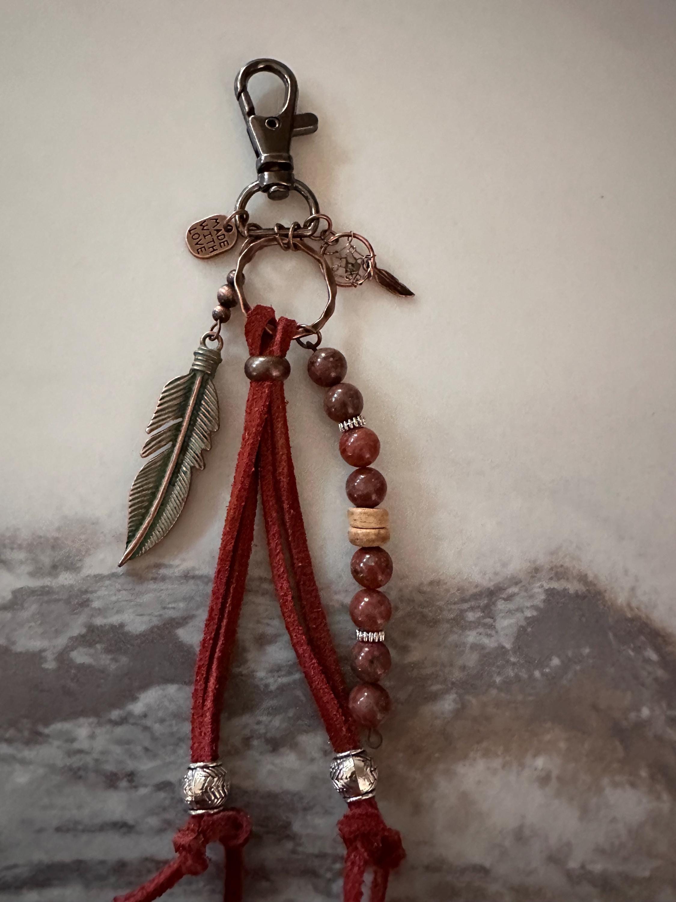 Key Chain, Gun Metal Black,  Leather, Copper Feather, Agate, Silver, Glass Beads and Charms