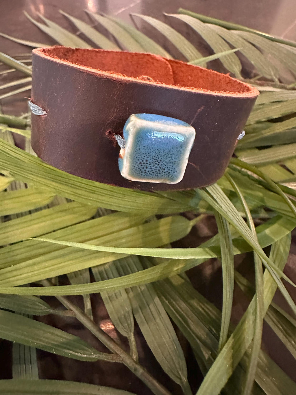 Leather Cuff Bracelet: Dark Brown, Threaded, Blue Ceramic Bead, Bronze Snap, Adjustable