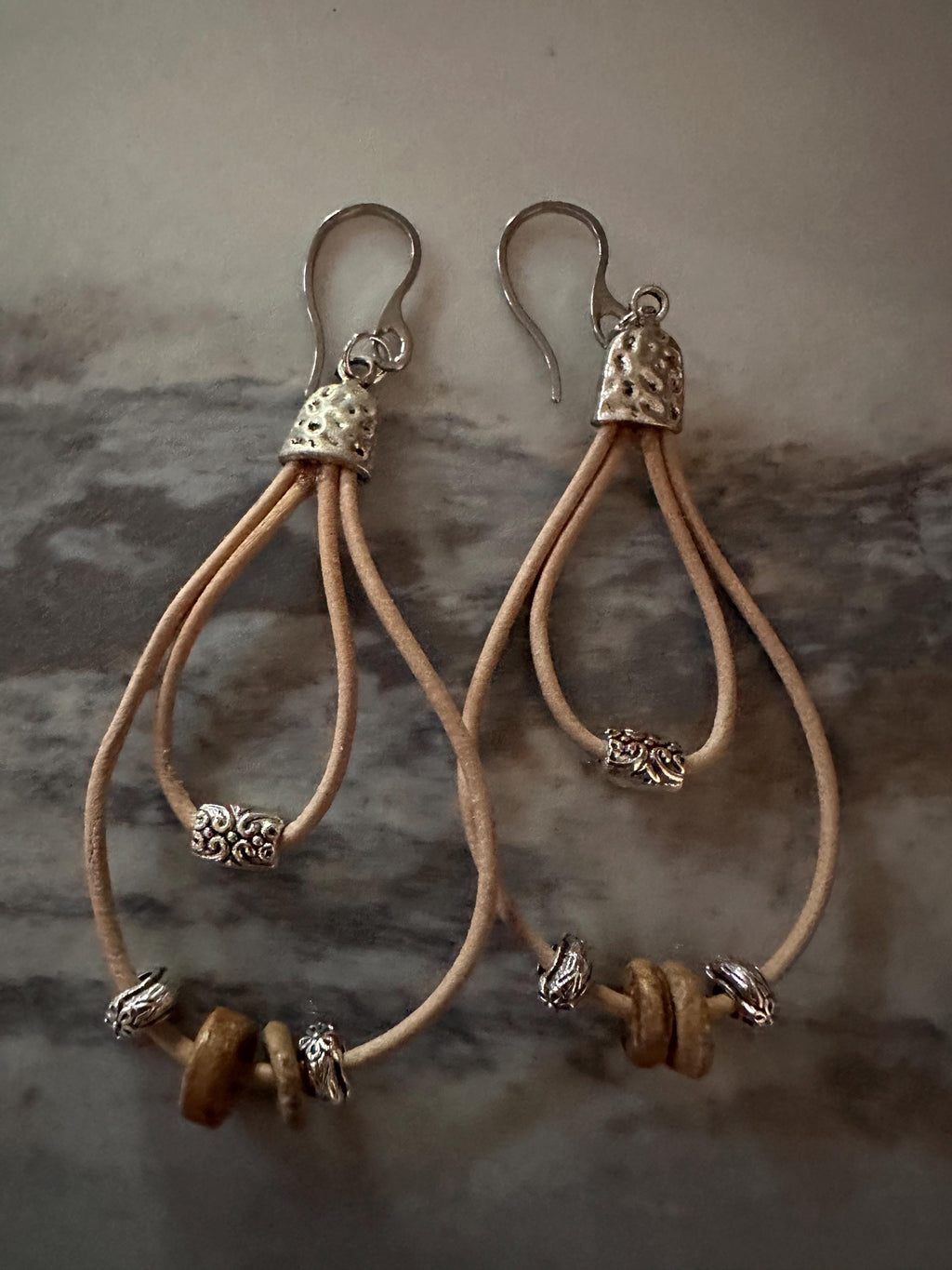 Earrings, Natural Leather, Silver Alloy Beads, Wood Beads with Stainless Steel Hooks