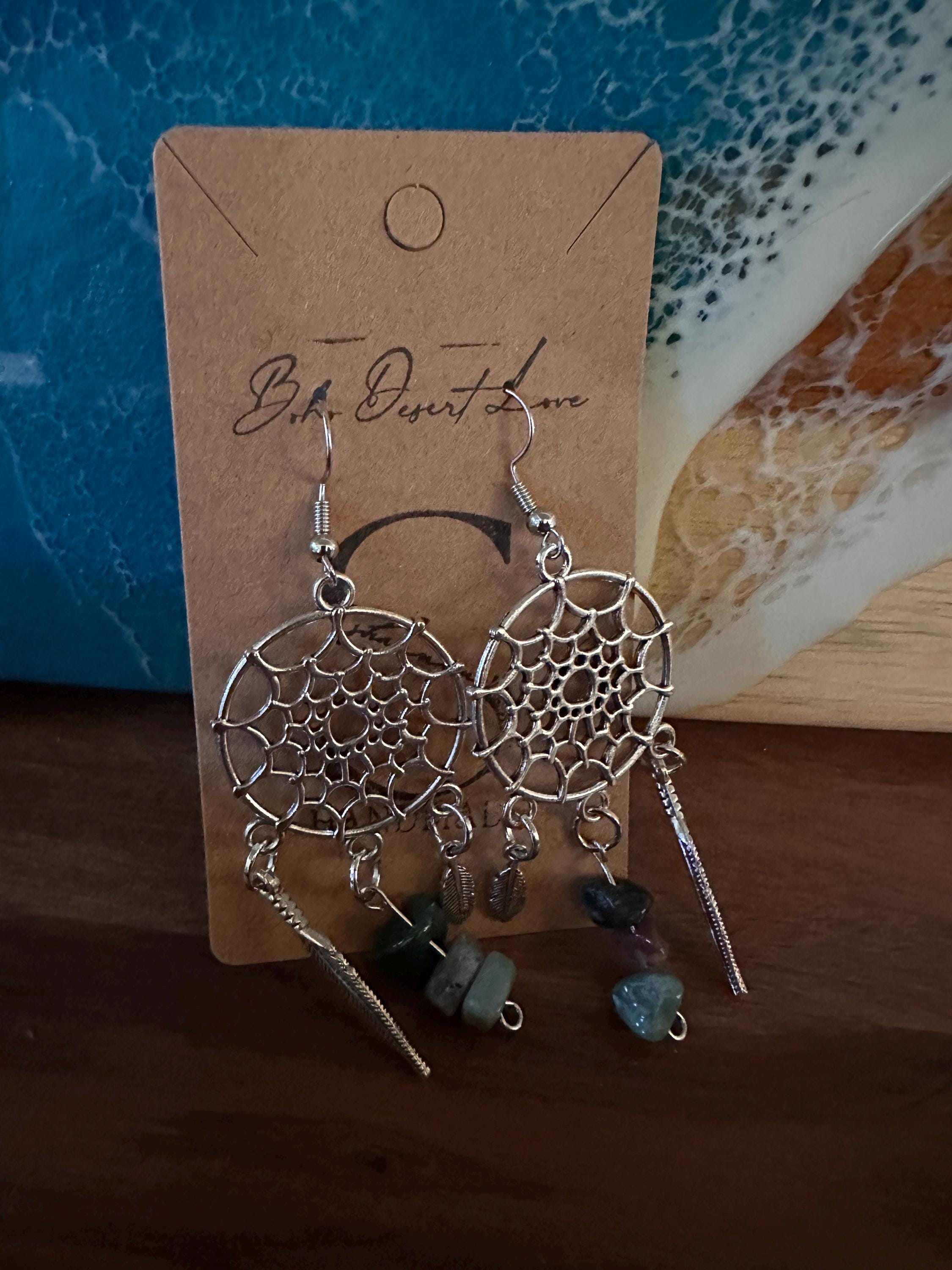 Indian Agate Antique Silver Dream Catcher Earrings