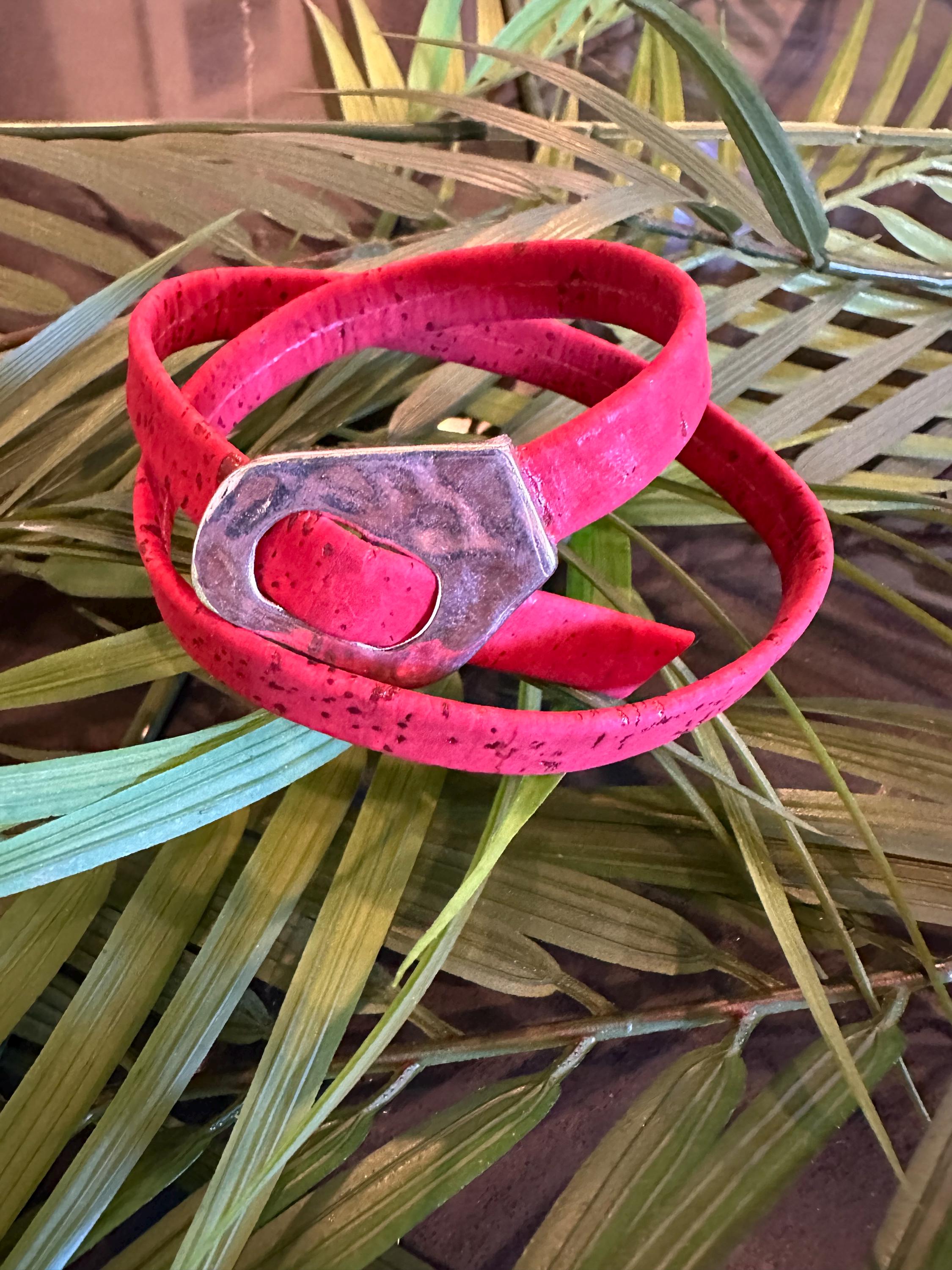 Cork Cuff Bracelet: Red Double Wrap, Silver Buckle, Adjustable