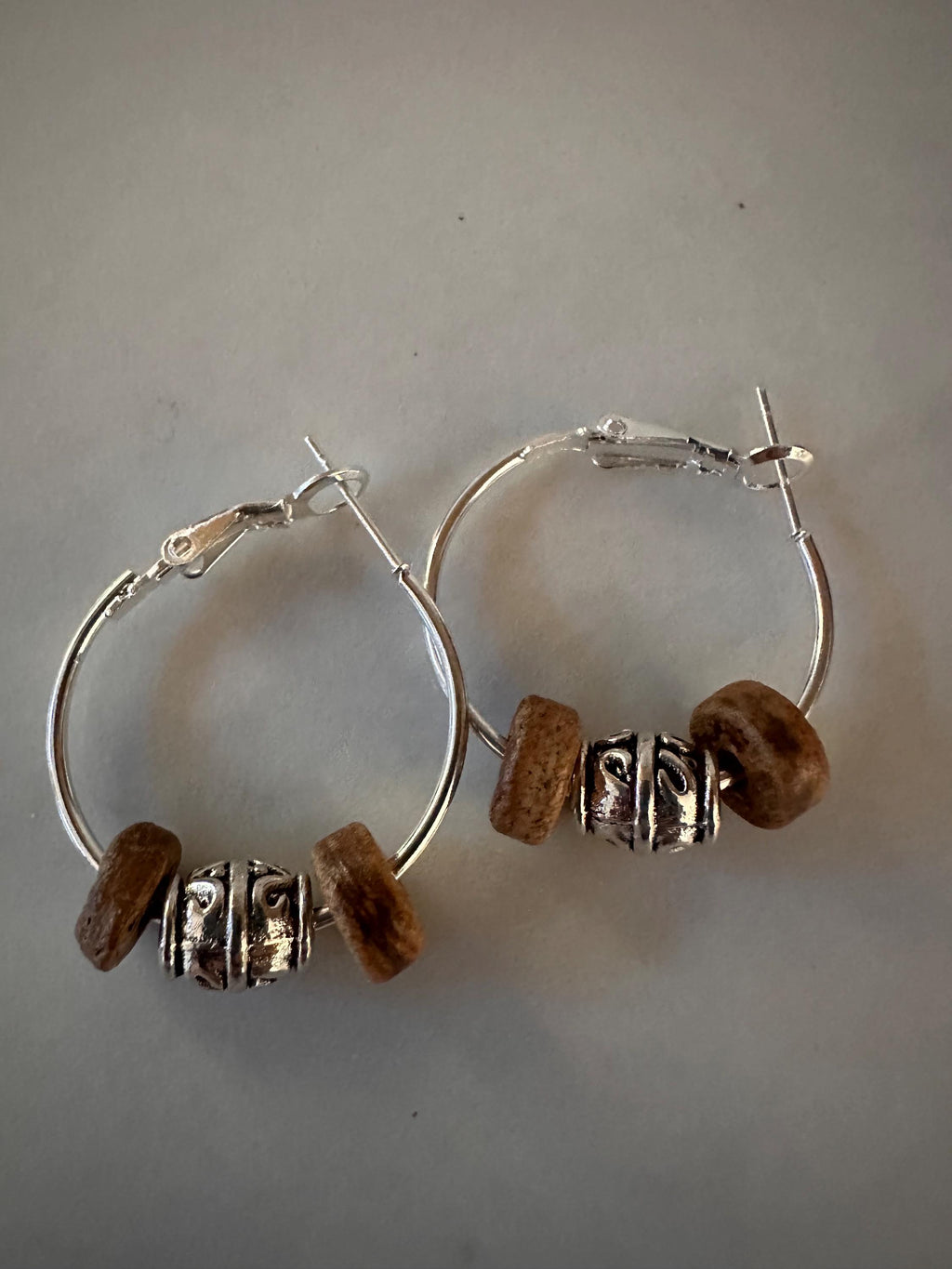 Silver Hoops  25mm with Wood  and Antique silver beads