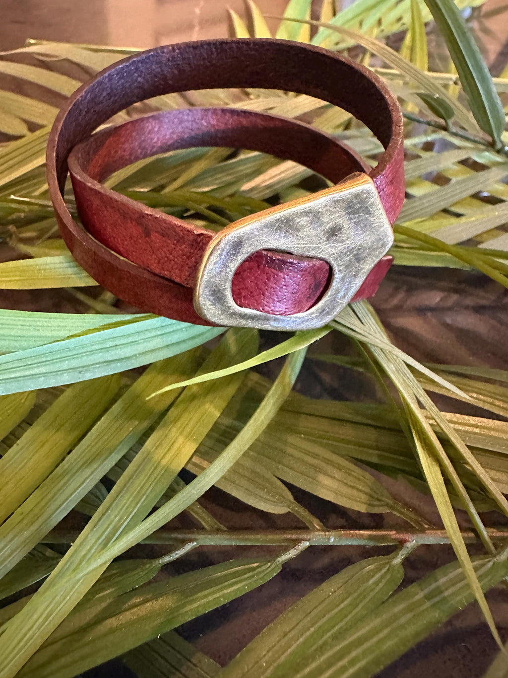 Leather Cuff Bracelet: Rustic Brown Double Wrap, Bronze Buckle, Adjustable