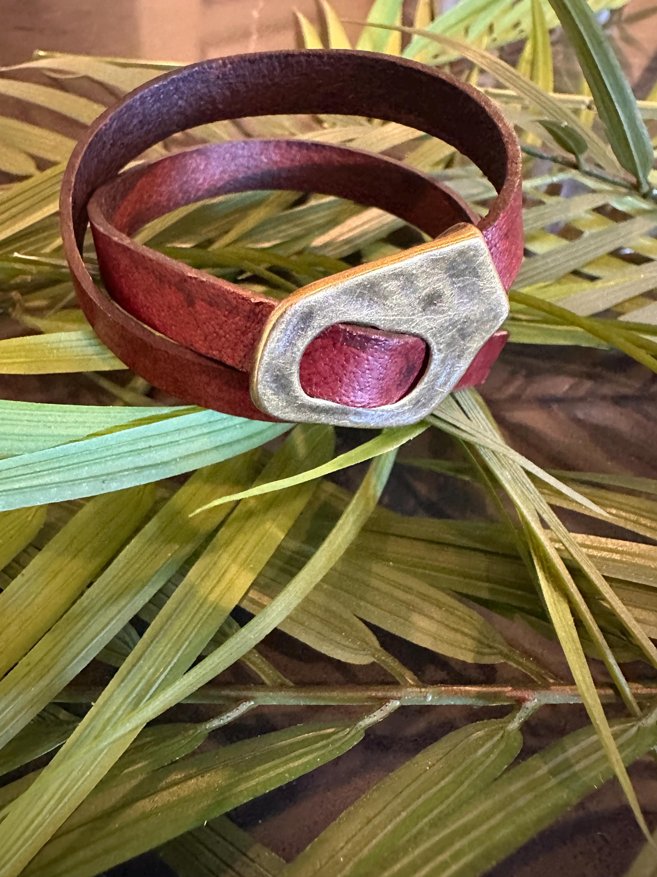 Leather Cuff Bracelet: Rustic Brown Double Wrap, Bronze Buckle, Adjustable