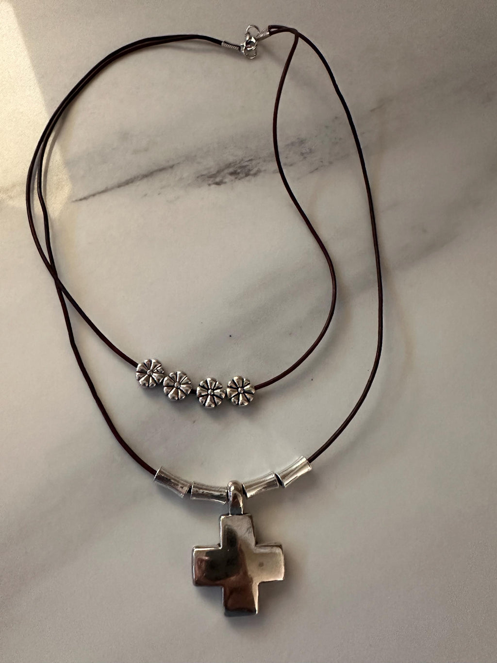 Antique Silver Square Cross with silver beads on double layered cherry brown leather cord