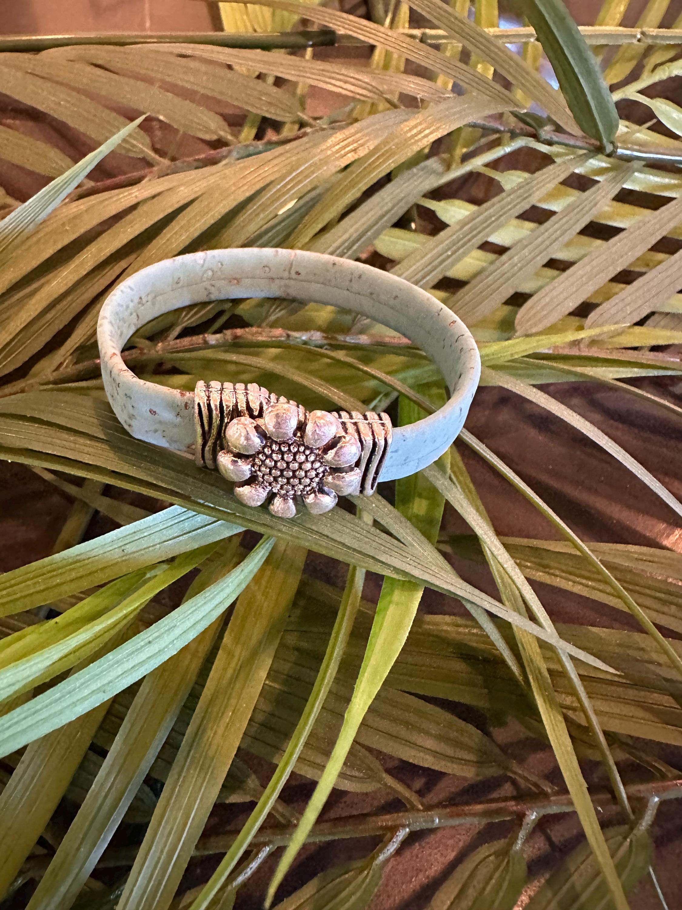 Cork Cuff Bracelet: Teal, Antique Silver SunFlower Slider, Silver Clasp