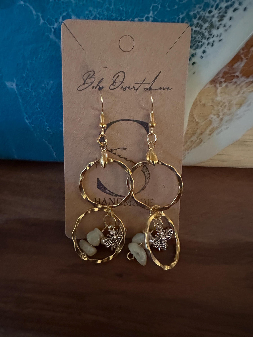 Amazonite, Gold Plated Rings with Antique Silver Bee Earrings
