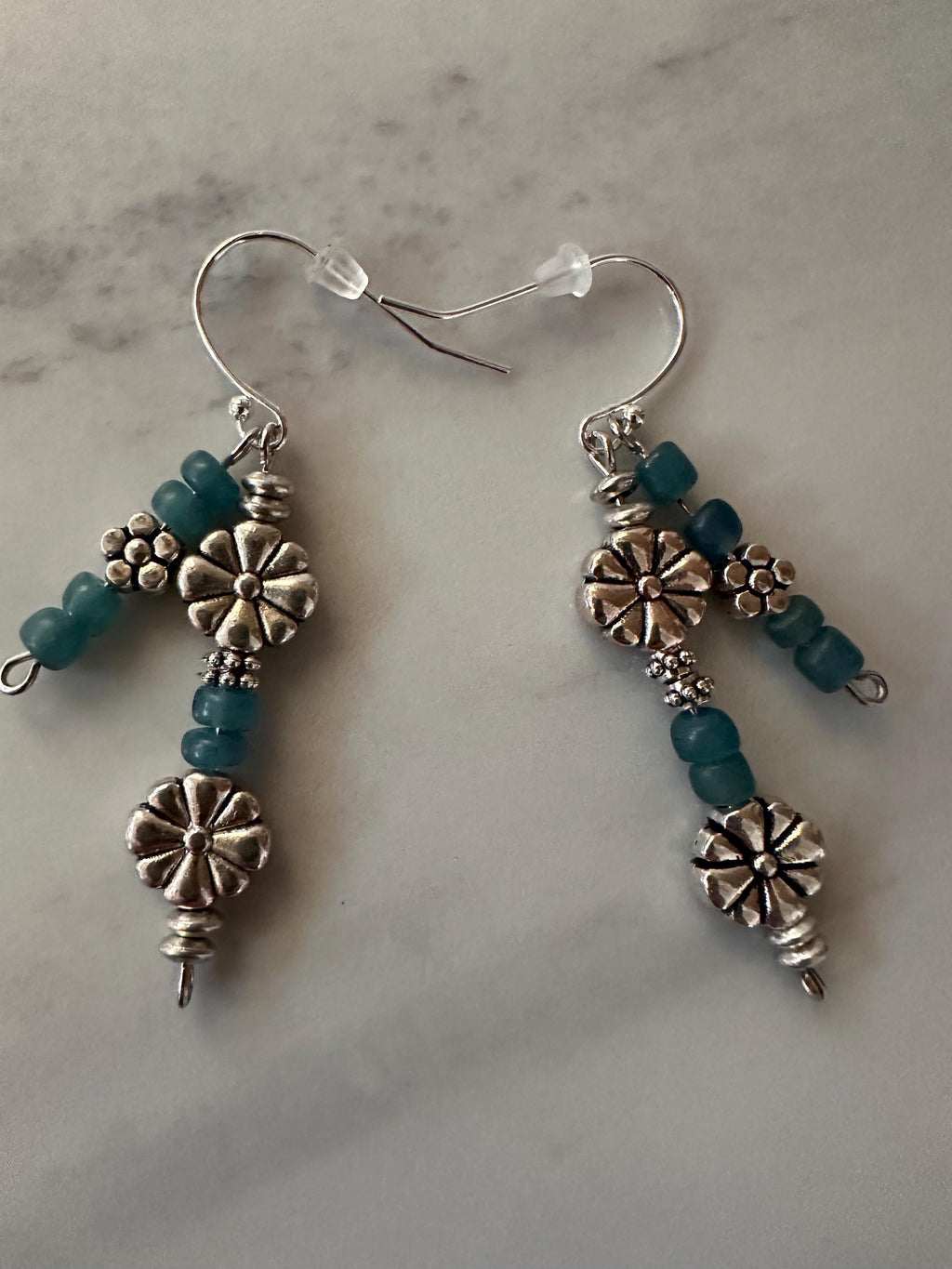 Blue Java Glass Bead, Antique Silver Bead Earrings