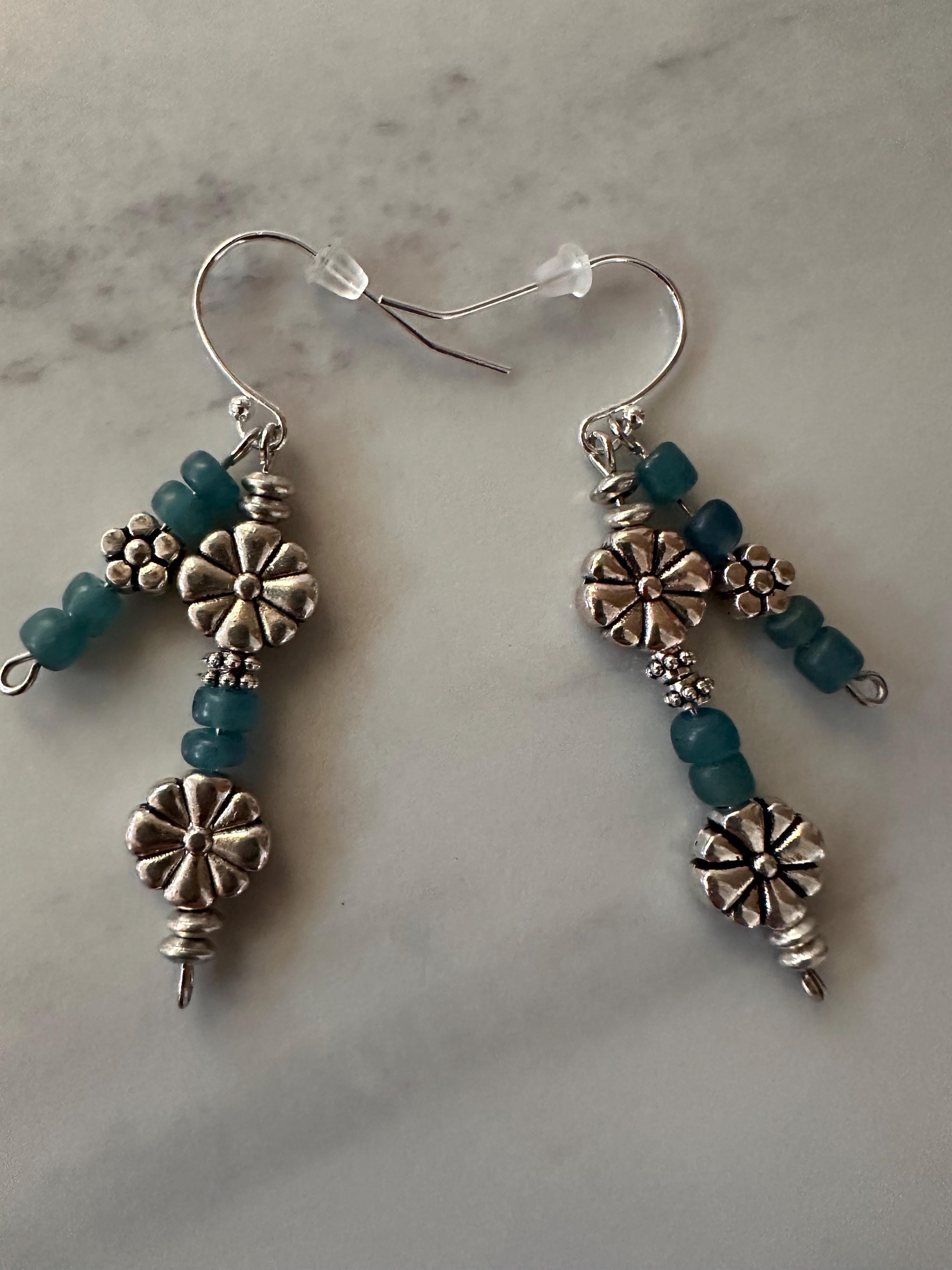 Blue Java Glass Bead, Antique Silver Bead Earrings