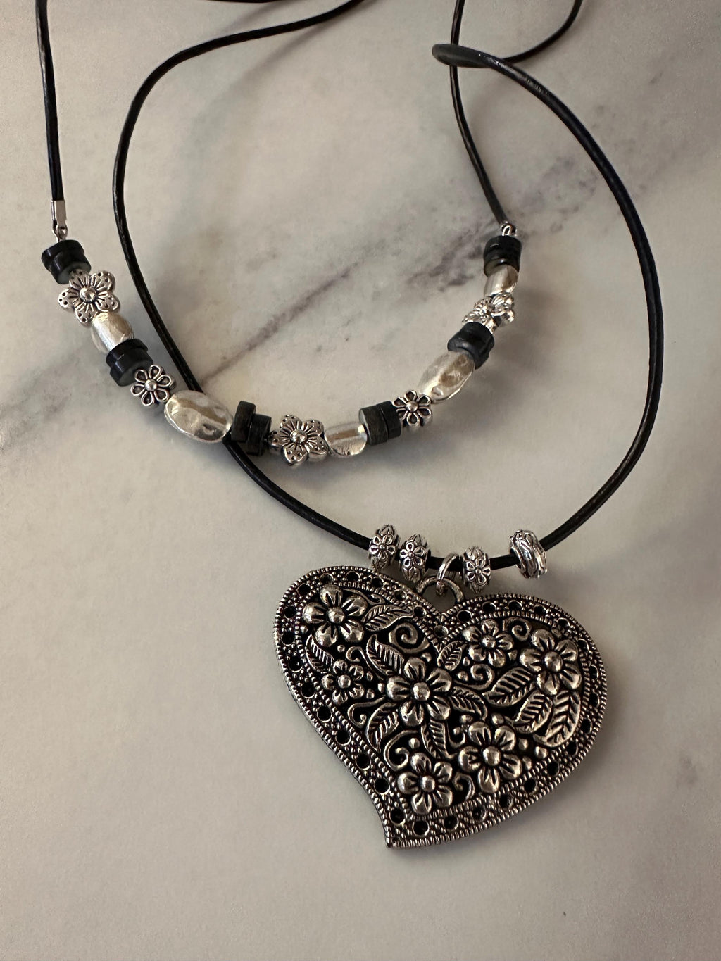 Antique Pewter Heart with silver beads on double layered black leather cord