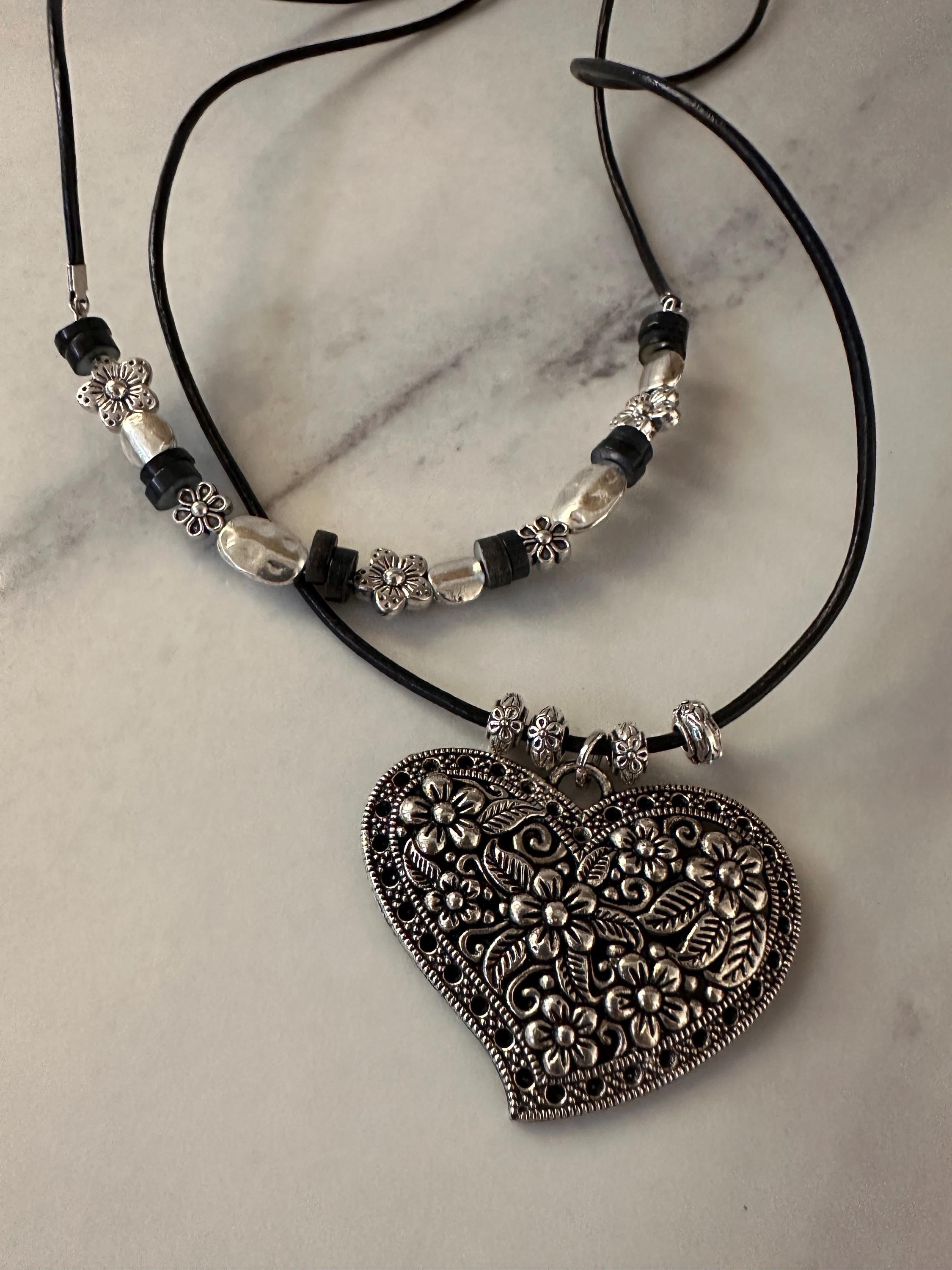 Antique Pewter Heart with silver beads on double layered black leather cord