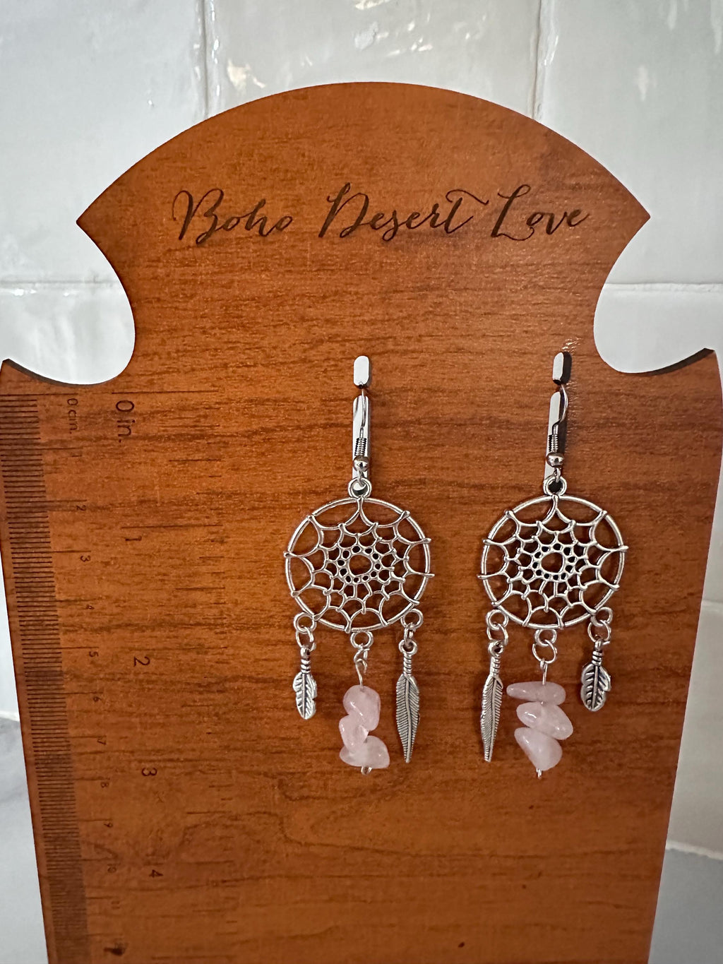 Rose Quartz Antique Silver Dream Catcher Earrings