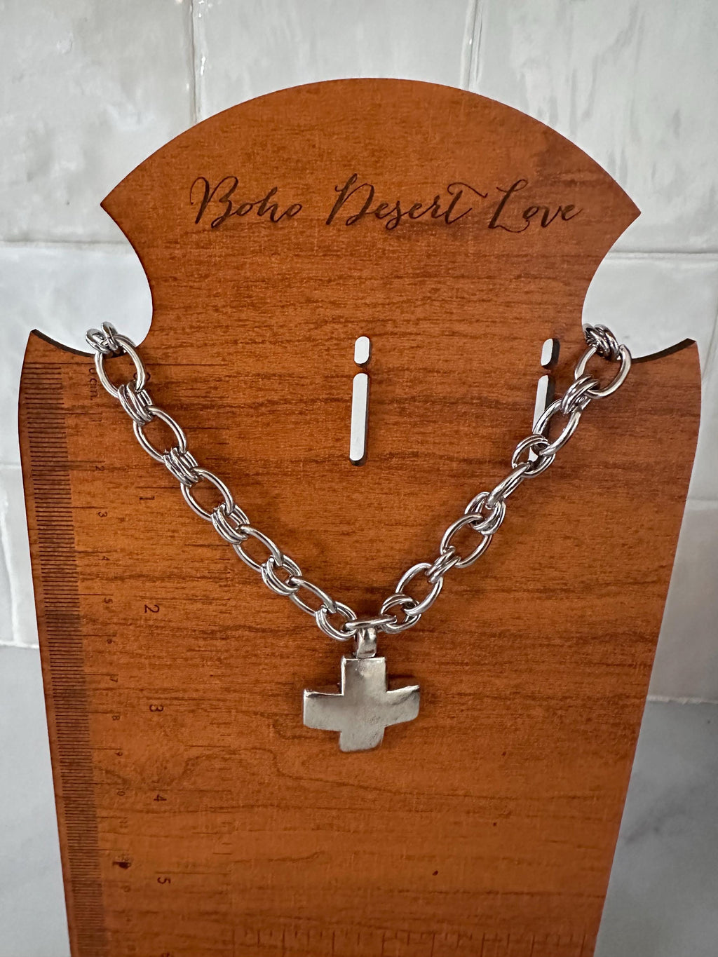 Antique Silver Cross on Oval Rolo Stainless Chain