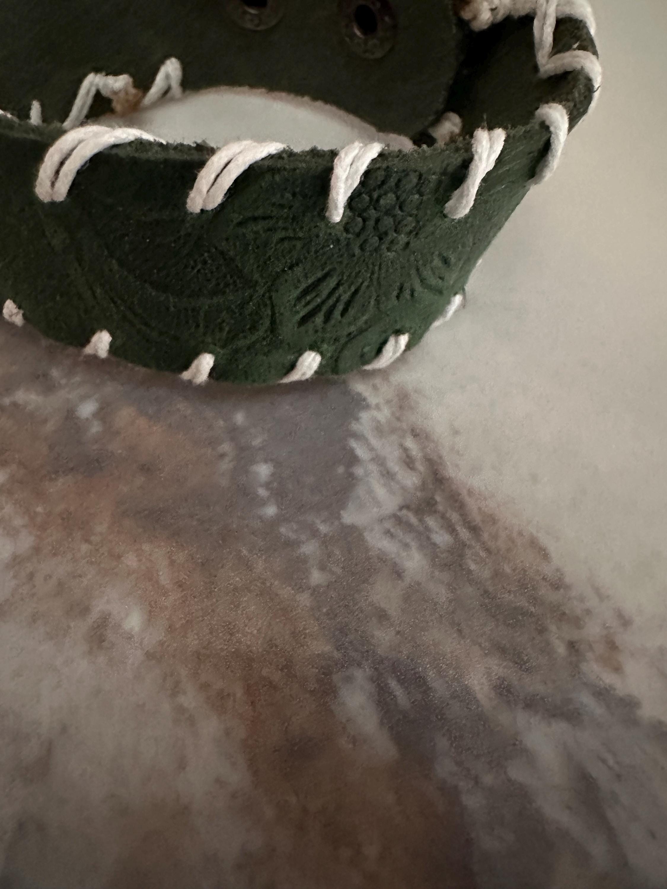 Leather Cuff Bracelet: Dark Tooled Green, Threaded, Bronze Snap, Adjustable