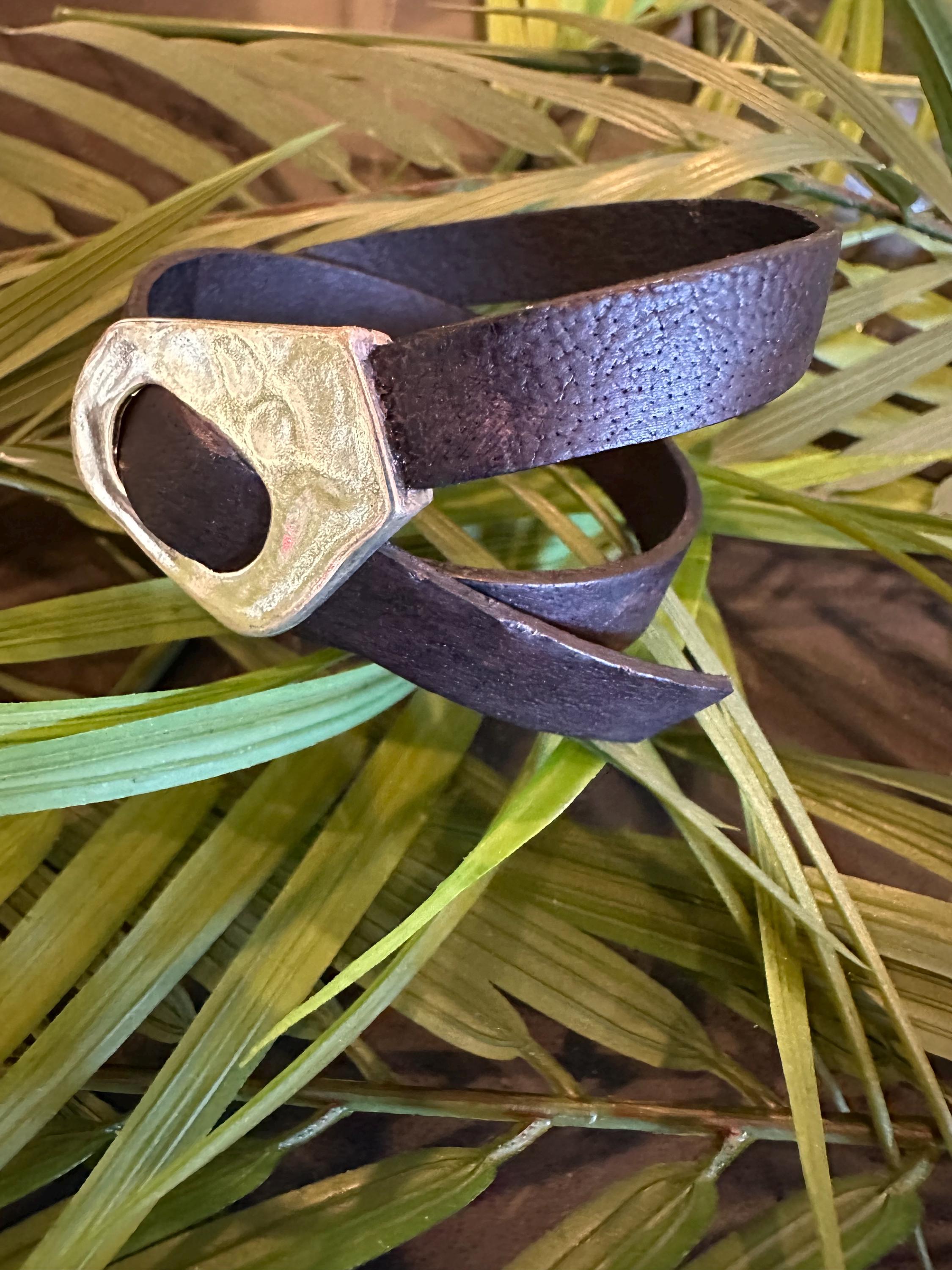 Leather Cuff Bracelet: Black Double Wrap, Silver Buckle, Adjustable