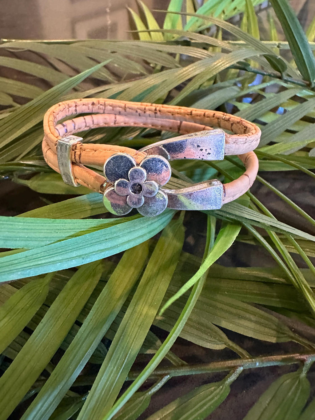 Bracelet, Cork, Natural w/hint of color, Silver Flower Hook