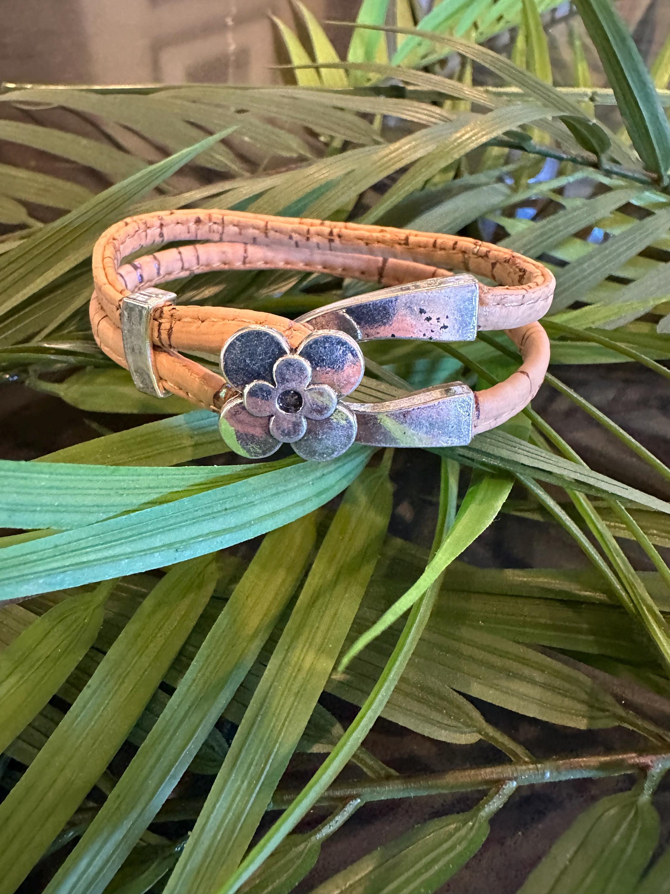 Cork Cuff Bracelet: Natural w/hint of color, Silver Flower Hook