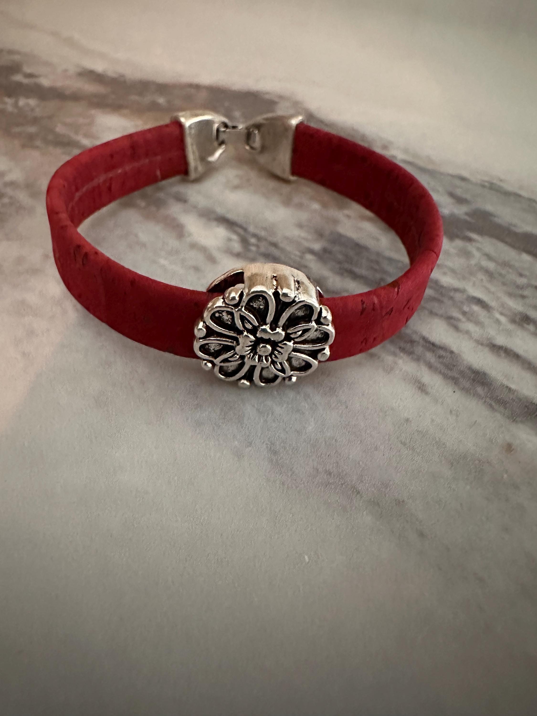 Cork Cuff Bracelet: Red, Antique Silver Flower Slider, Silver Clasp