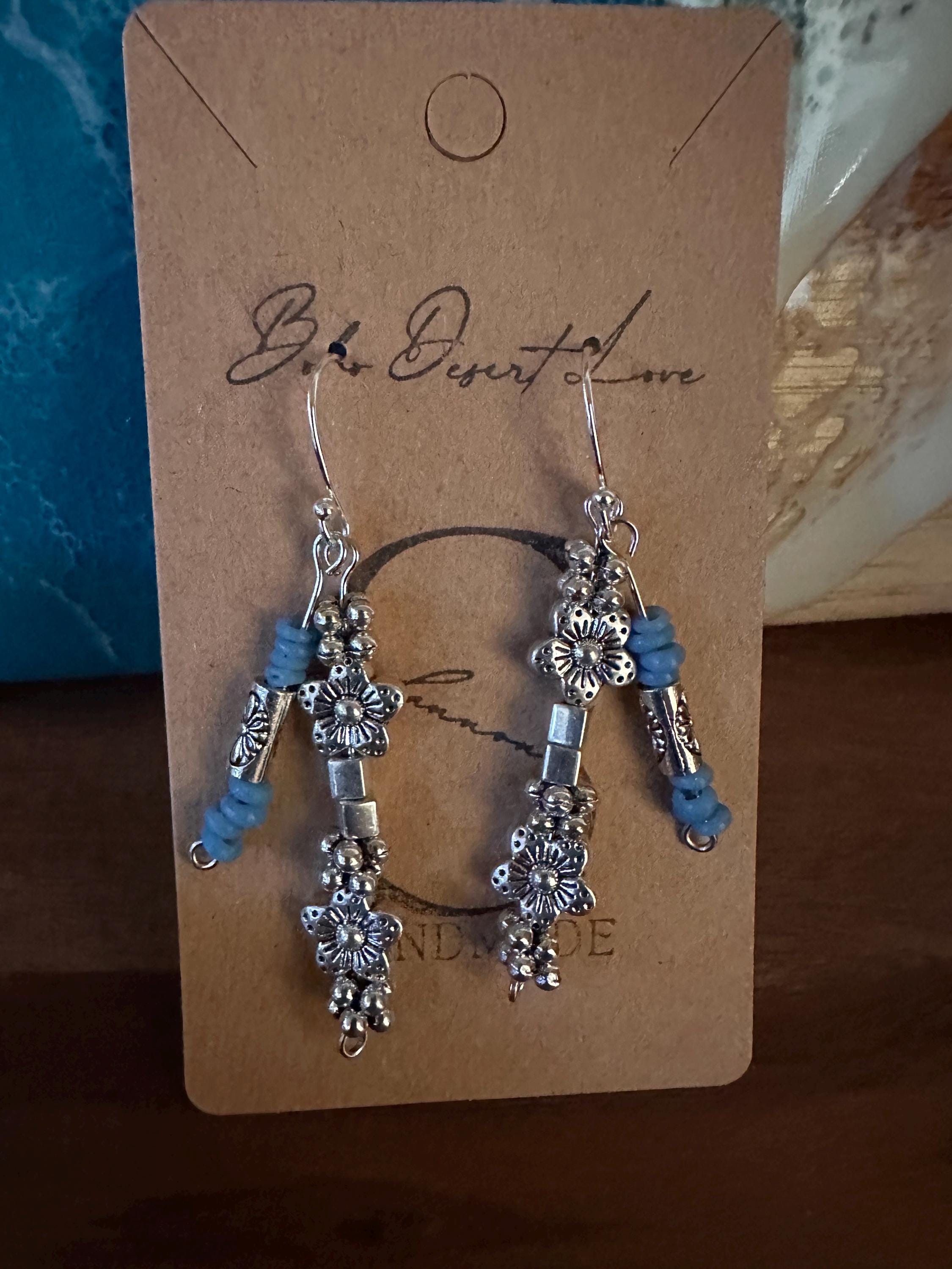 Blue Java Glass Bead, Antique Silver Bead Earrings