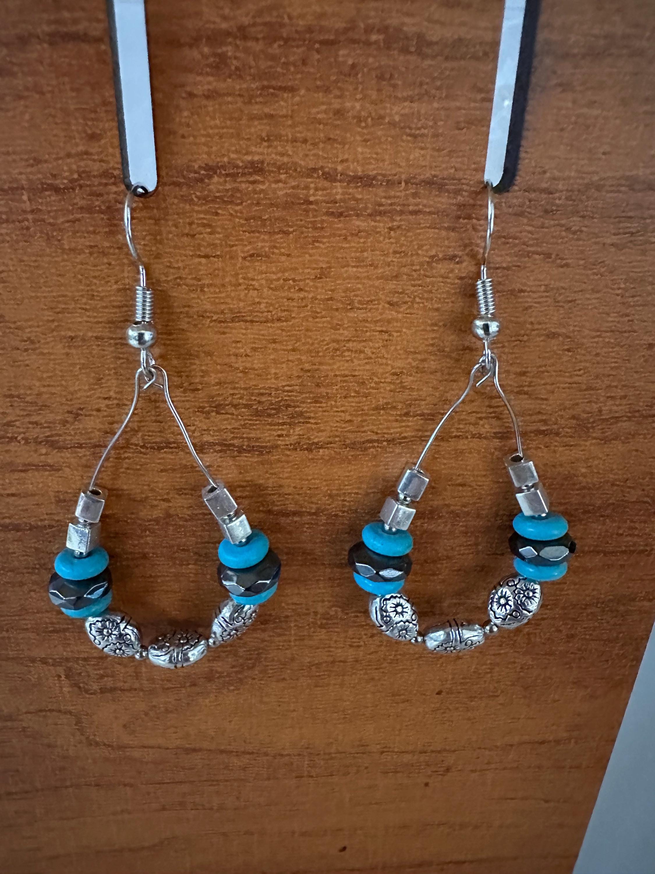 Hypoallergenic Silver Tone Dangle Earrings: Turquoise & Tibetan Style Beads