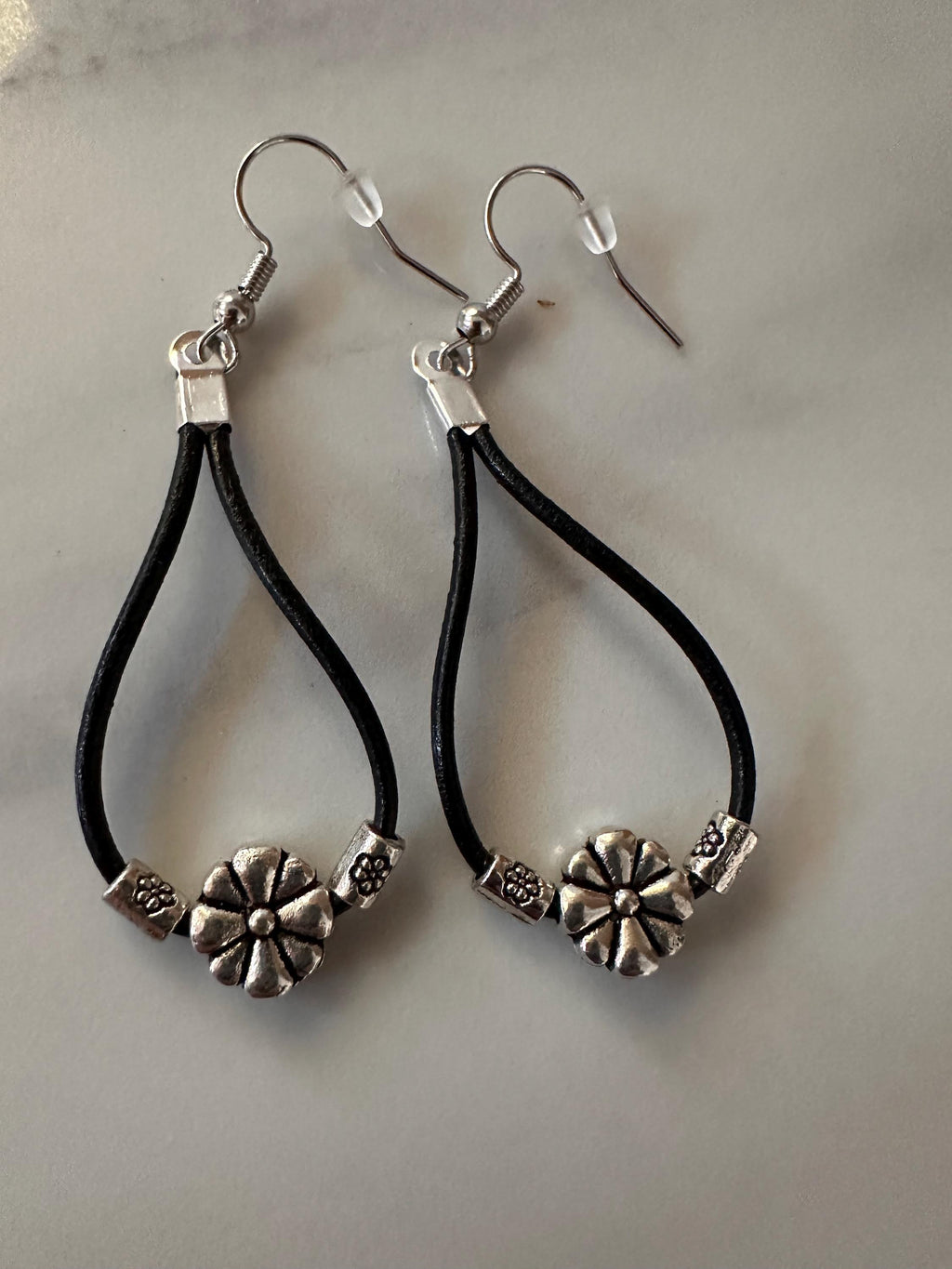 Antique Silver Beads, Leather Cord Earrings