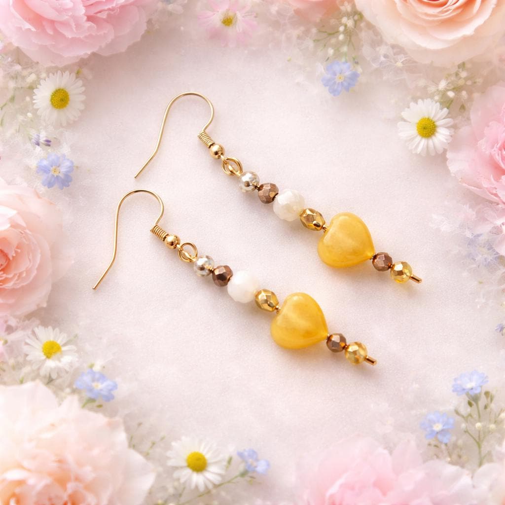 Earrings, Yellow Agate Hearts, Gold plated hooks