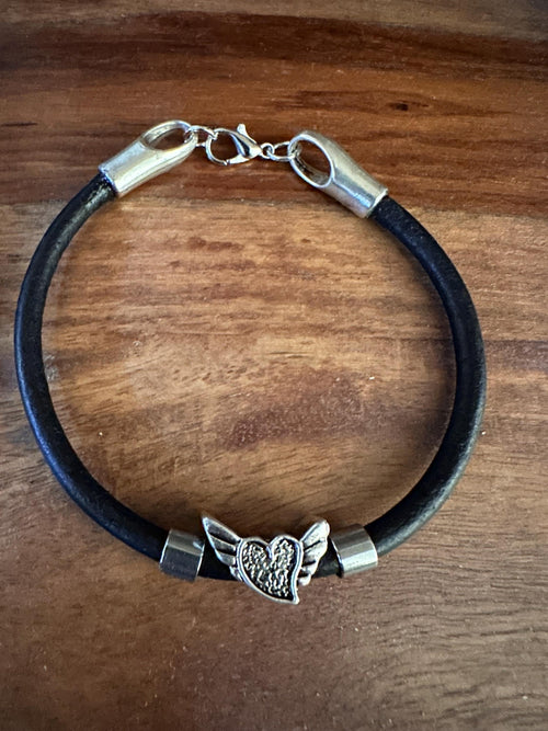Bracelet, Leather, Angel Wings Heart, Silver Beads