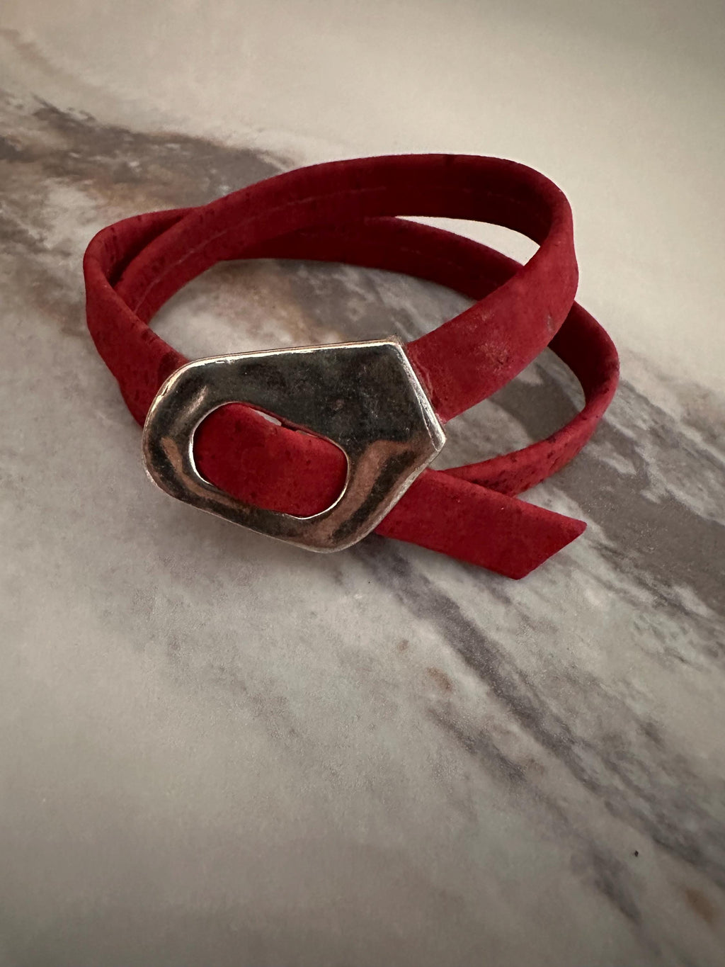 Cork Cuff Bracelet: Red Double Wrap, Silver Buckle, Adjustable