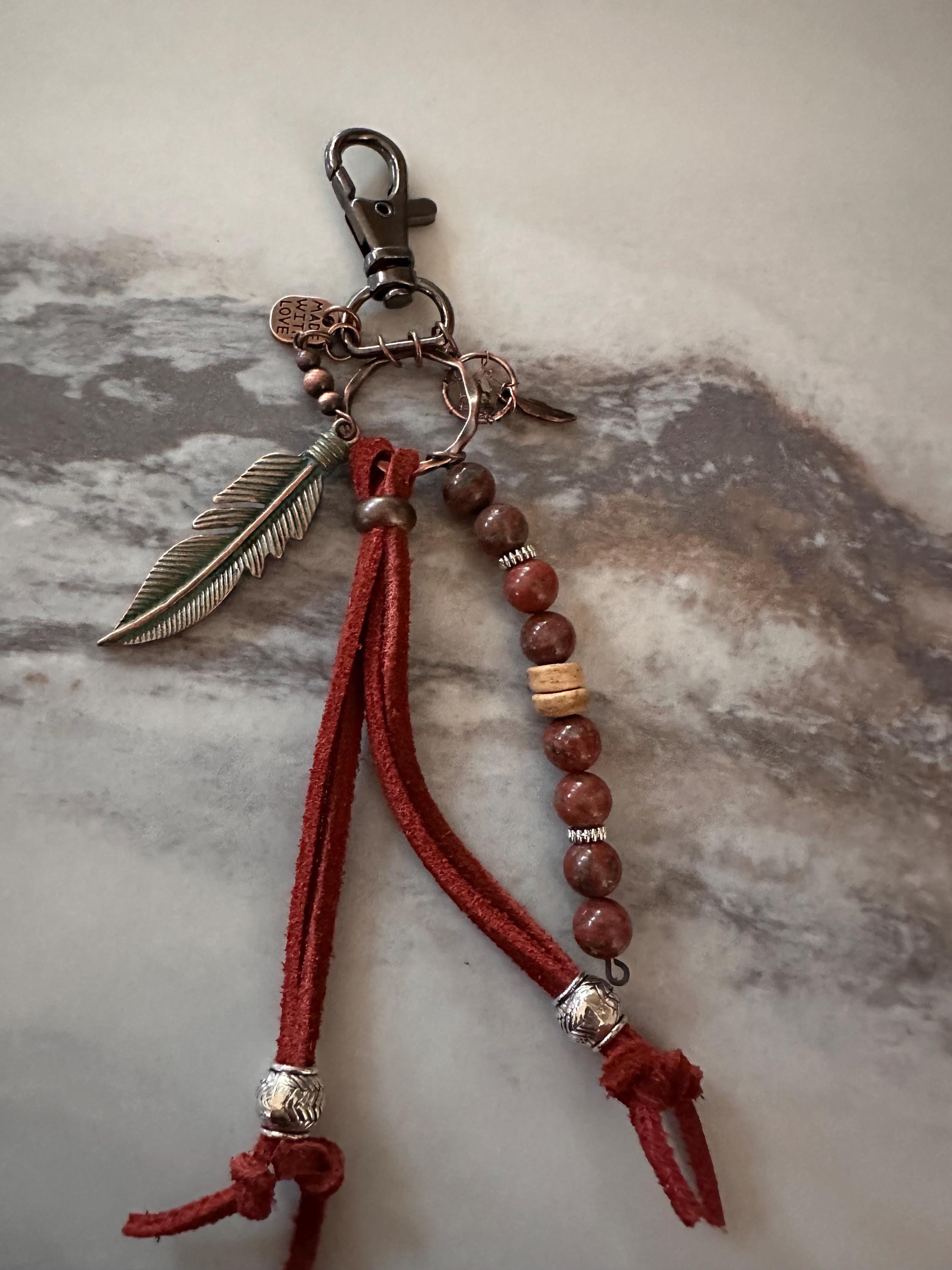 Key Chain, Gun Metal Black,  Leather, Copper Feather, Agate, Silver, Glass Beads and Charms