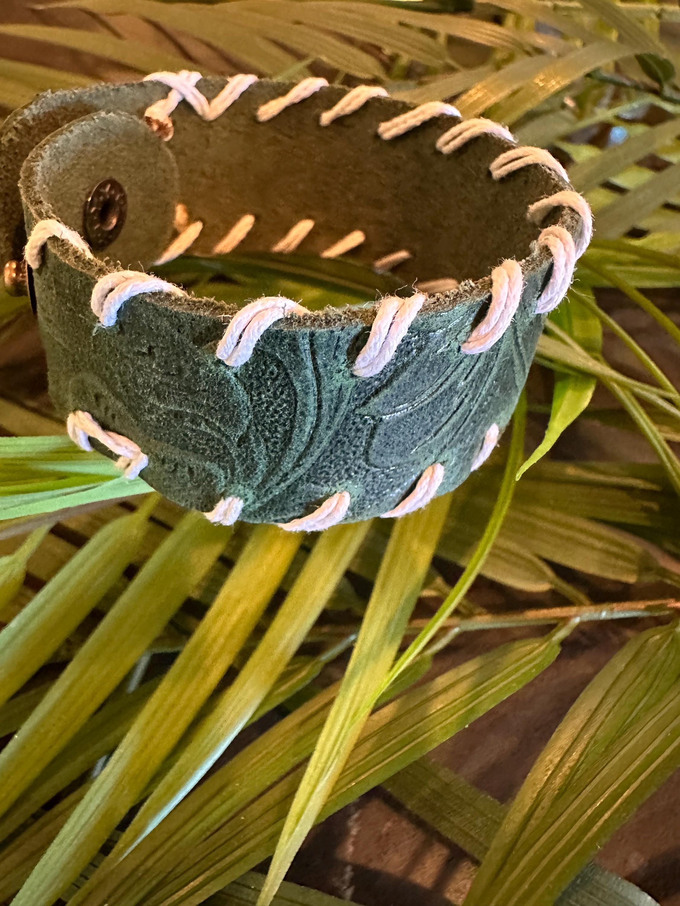 Leather Cuff Bracelet: Dark Tooled Green, Threaded, Bronze Snap, Adjustable