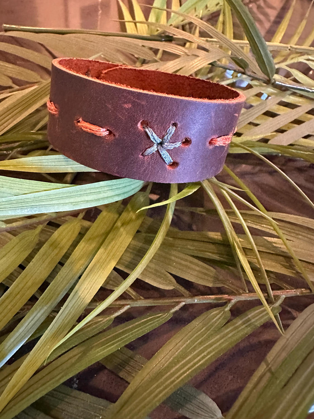 Leather Cuff Bracelet: Dark Brown, Threaded, Bronze Snap, Adjustable