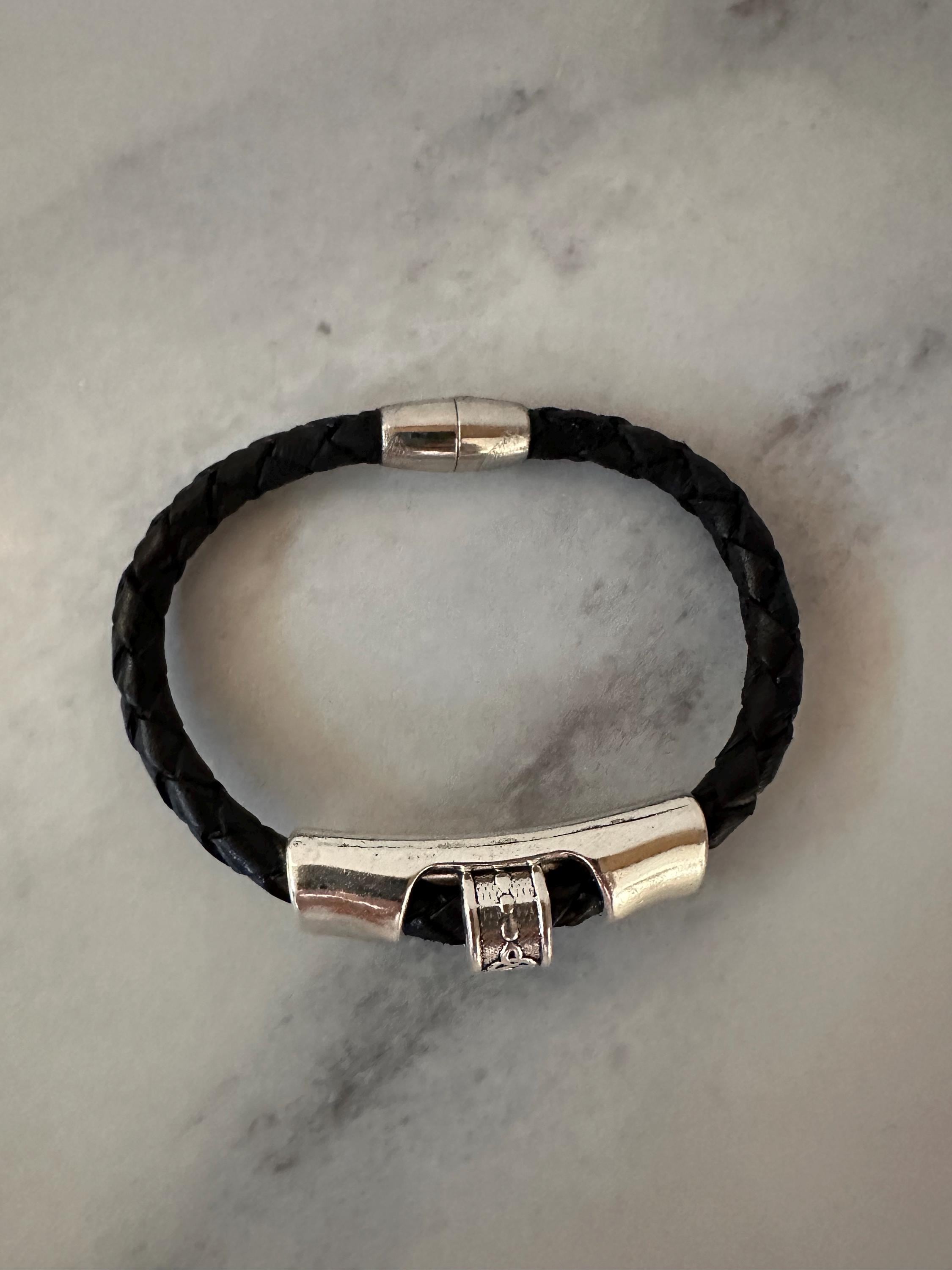 Leather Cuff Bracelet: Silver Bead Slider, Magnetic Clasp