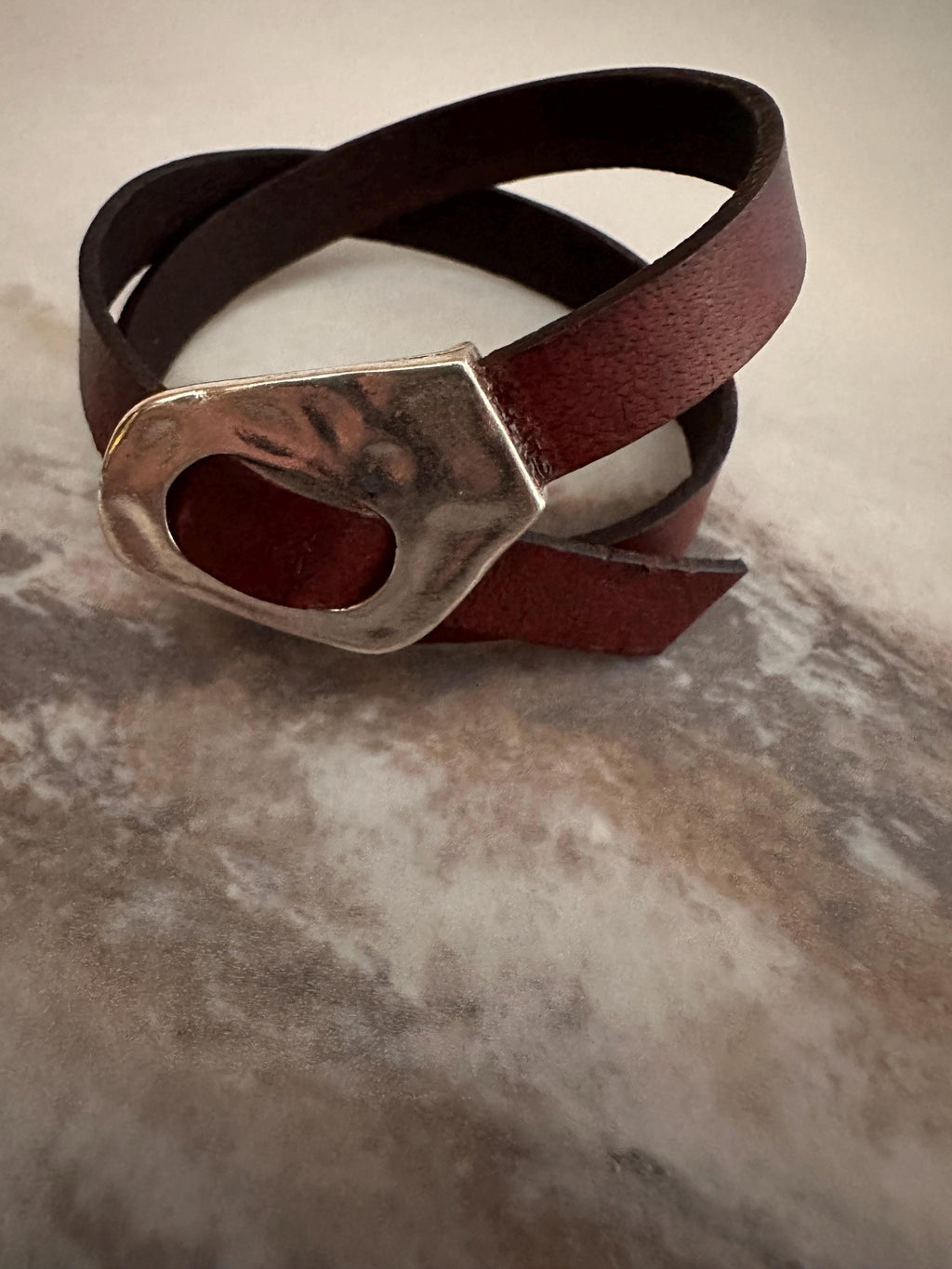 Leather Cuff Bracelet: Rustic Brown Double Wrap, Silver Buckle, Adjustable