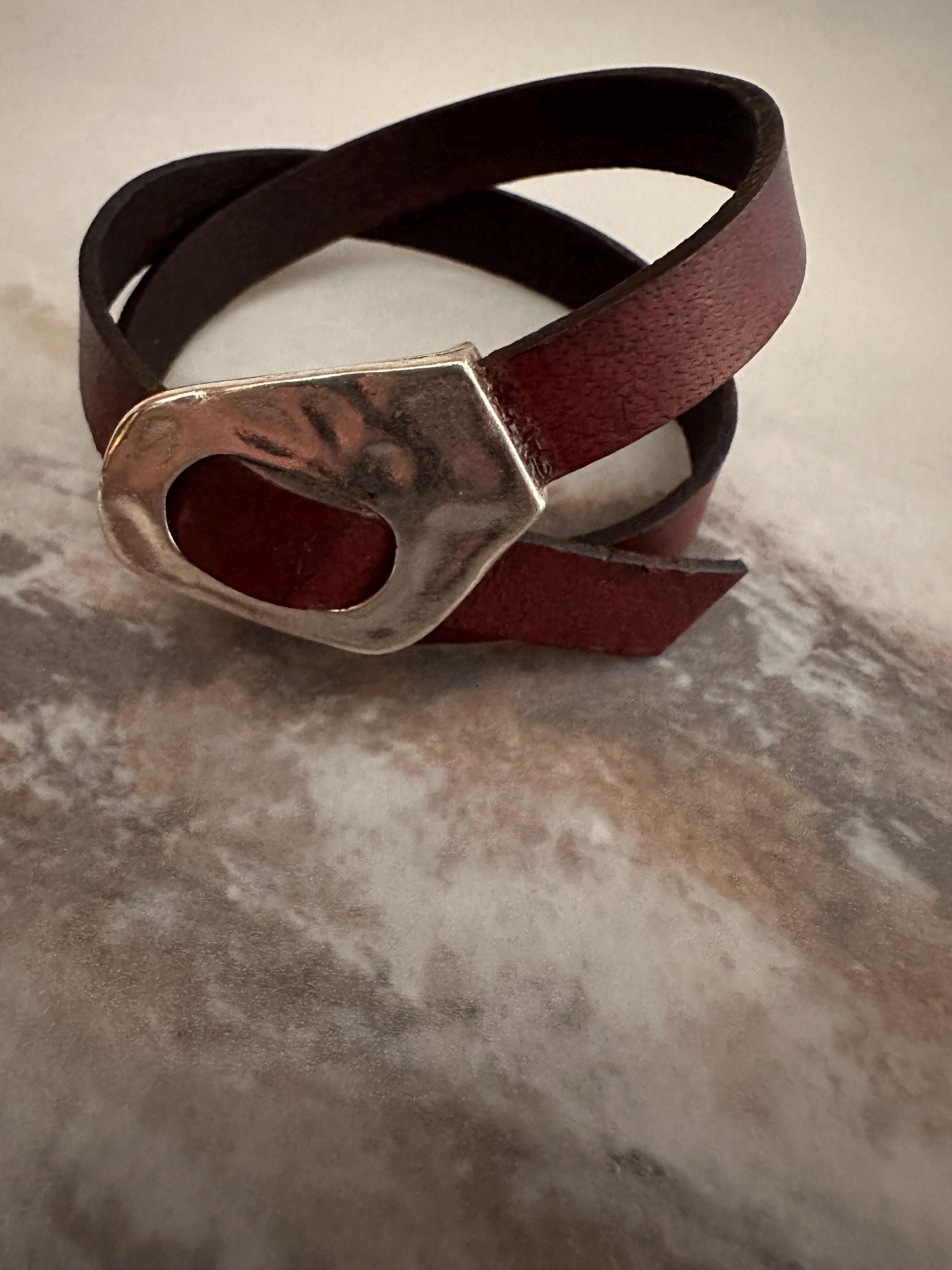 Leather Cuff Bracelet: Rustic Brown Double Wrap, Silver Buckle, Adjustable