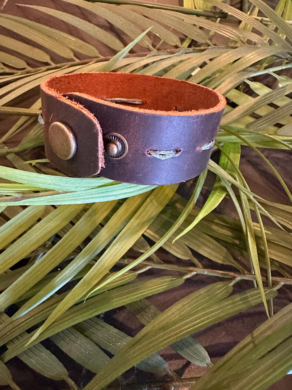Leather Cuff Bracelet: Dark Brown, Threaded, Blue Ceramic Bead, Bronze Snap, Adjustable