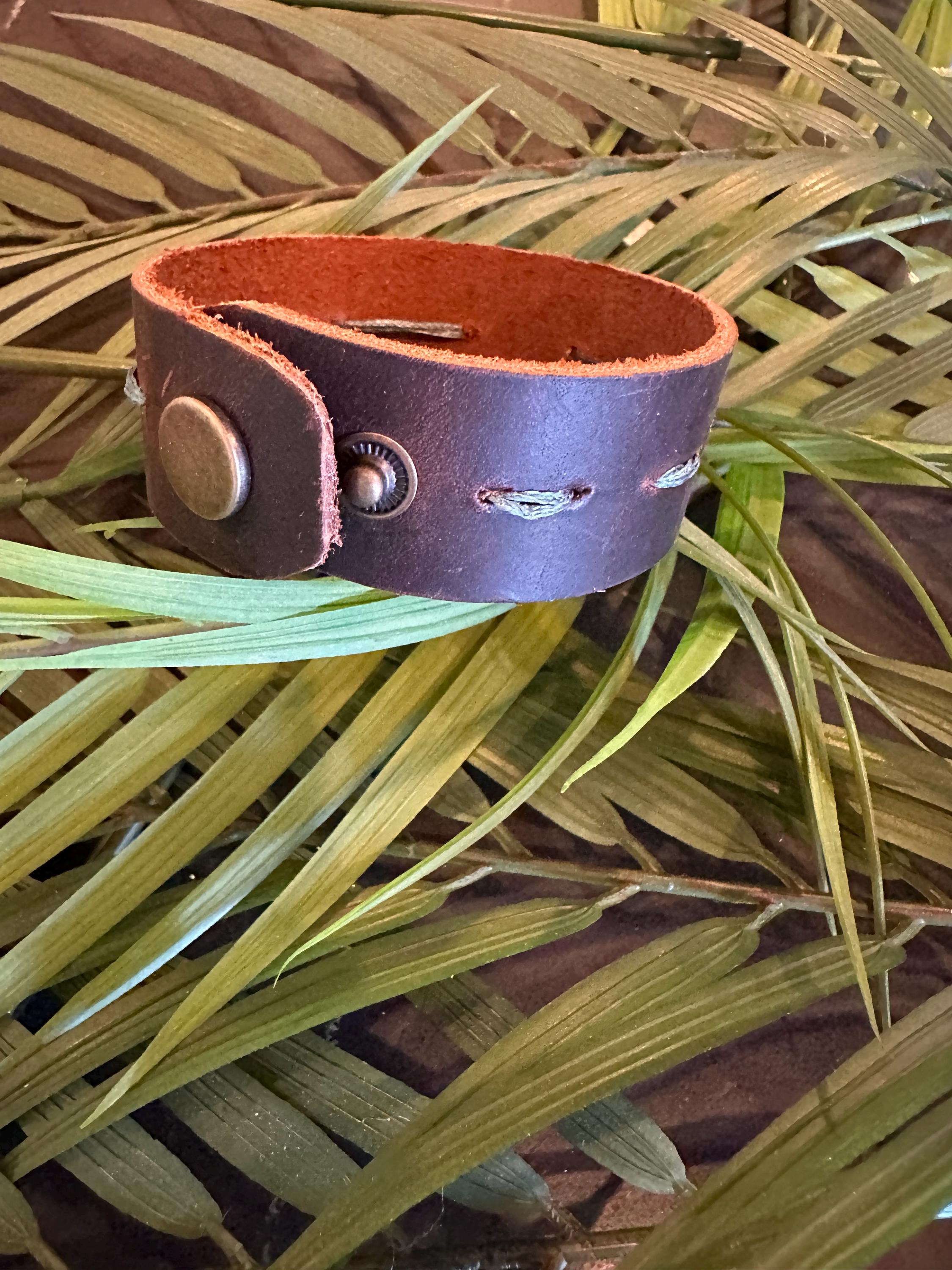 Leather Cuff Bracelet: Dark Brown, Threaded, Blue Ceramic Bead, Bronze Snap, Adjustable