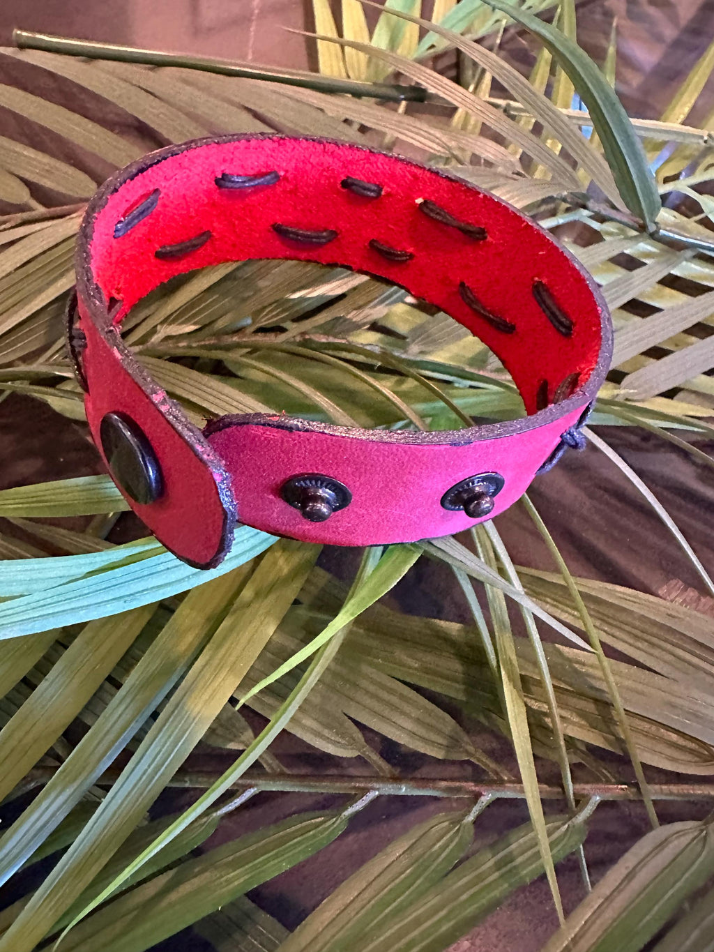 Leather Cuff Bracelet: Red, Threaded, Black Snap, Adjustable