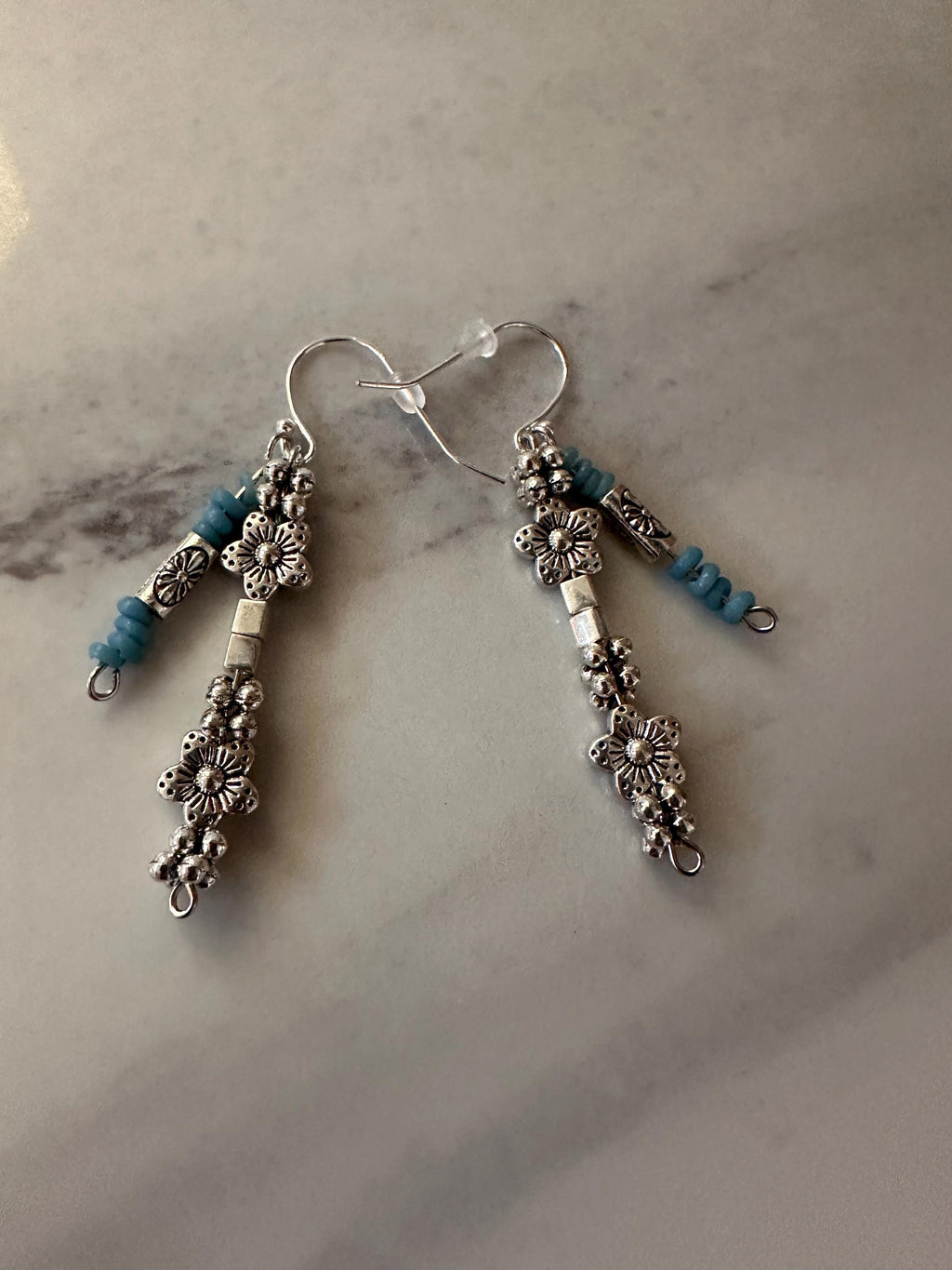 Blue Java Glass Bead, Antique Silver Bead Earrings