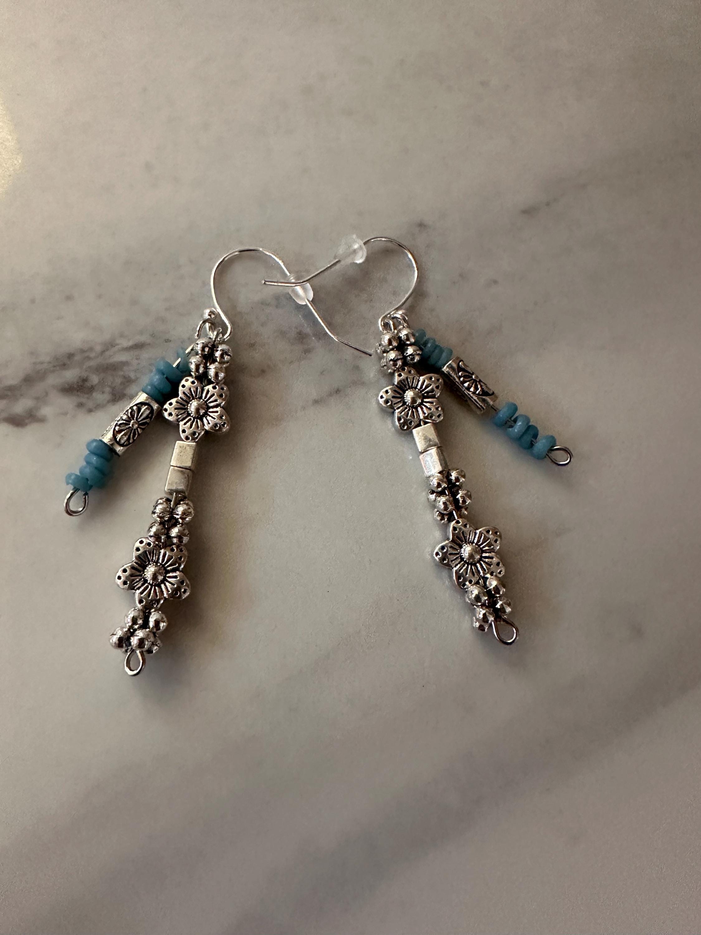 Blue Java Glass Bead, Antique Silver Bead Earrings