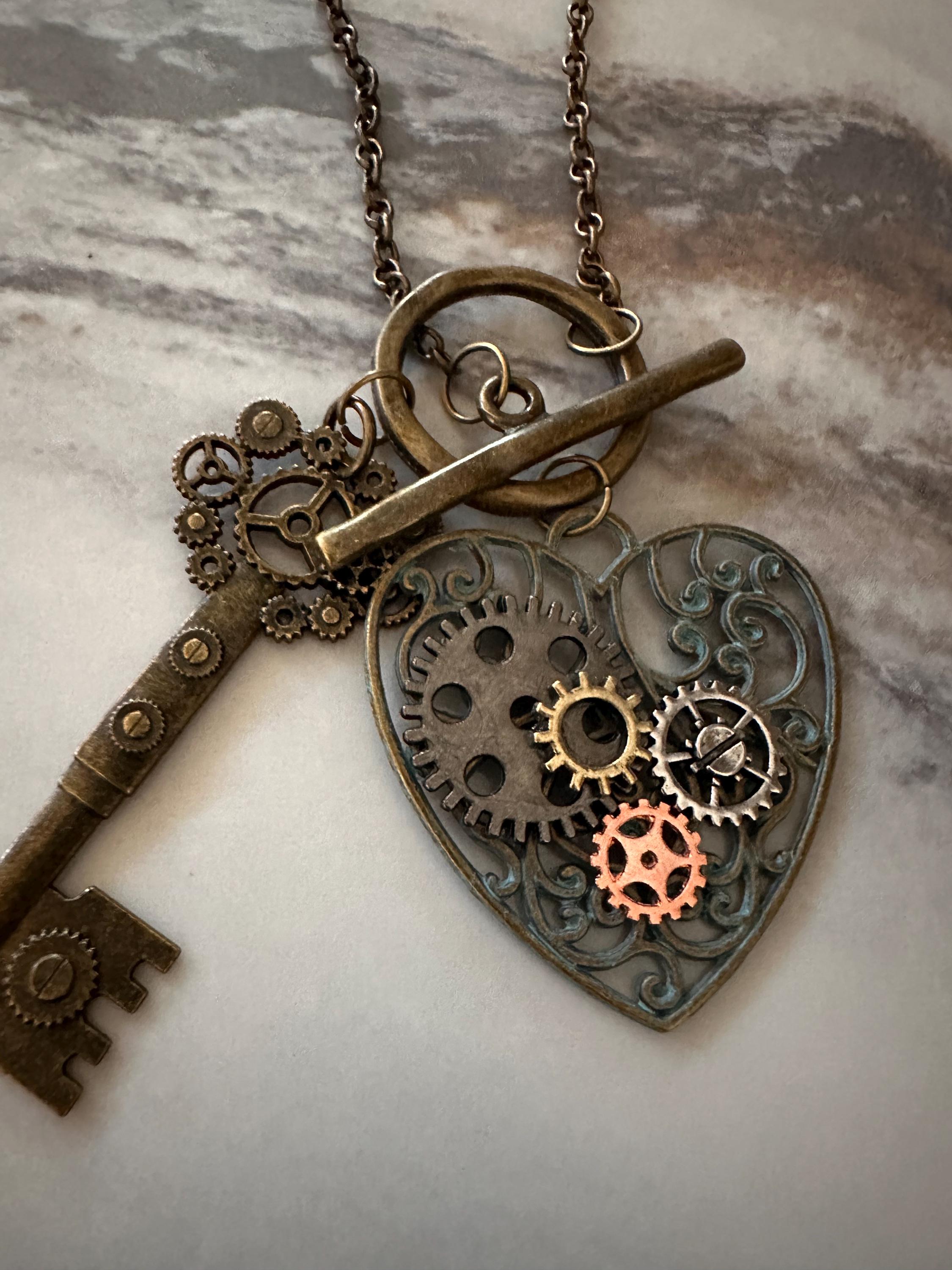 Steampunk Heart Necklace: Antique Bronze Key, Patina Gears