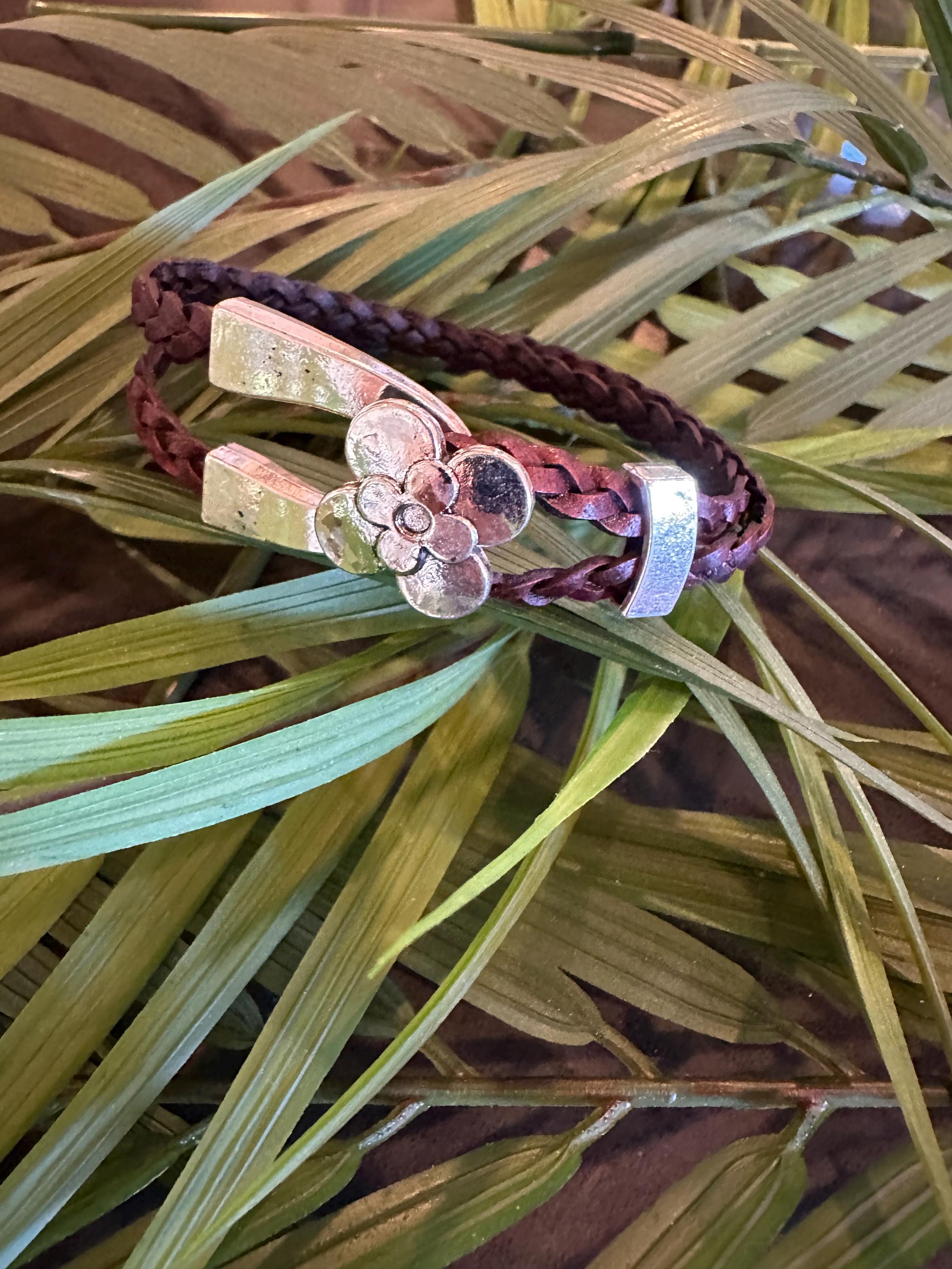 Leather Cuff Bracelet: Dark Brown, Braided, Silver Flower Hook
