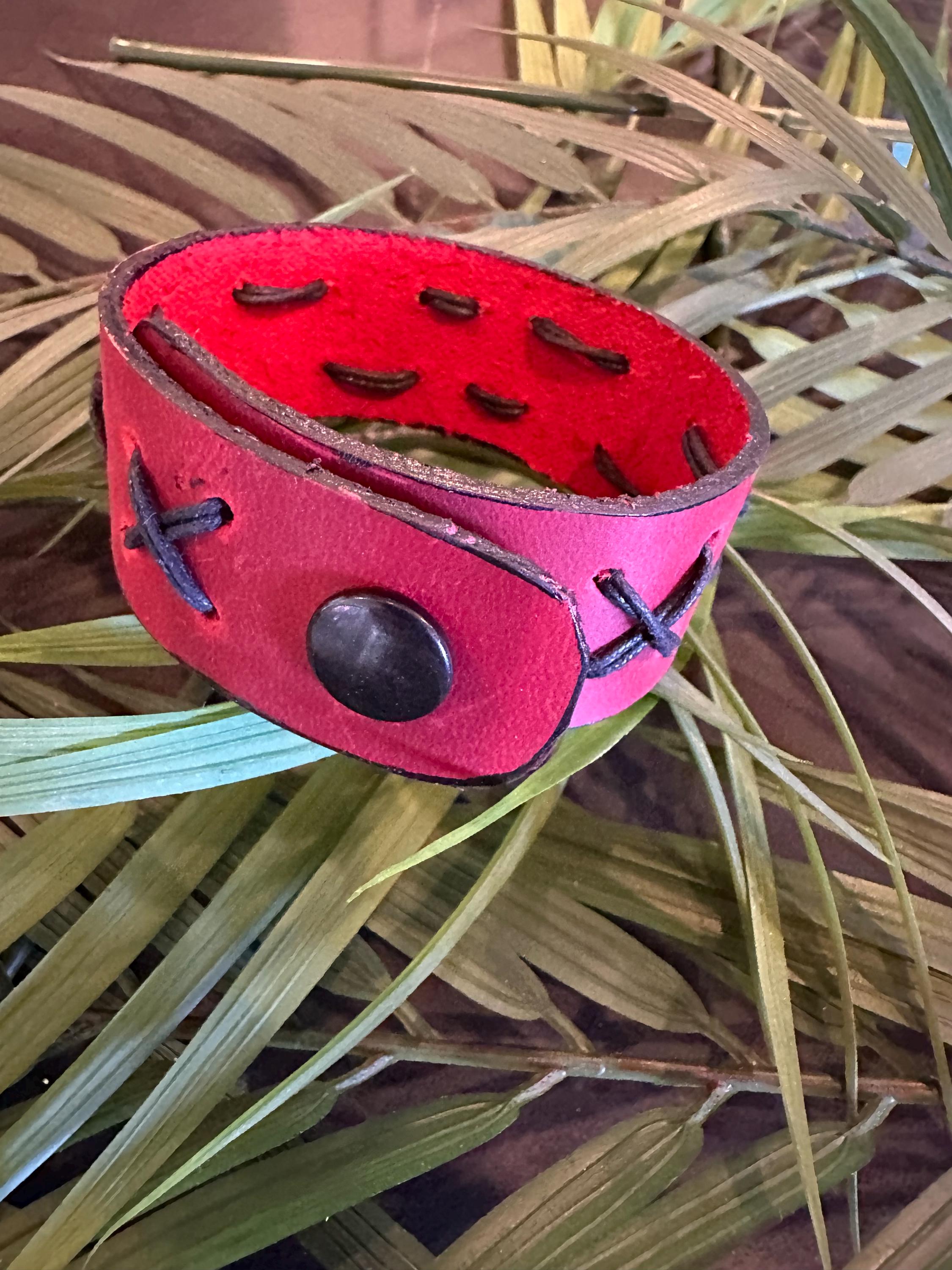 Leather Cuff Bracelet: Red, Threaded, Black Snap, Adjustable