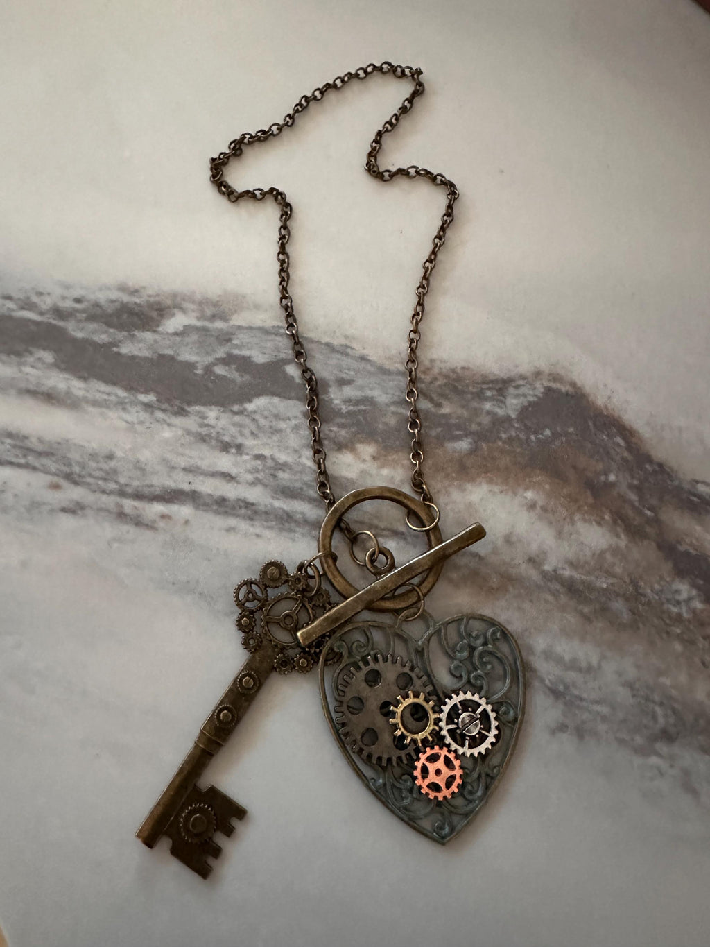 Steampunk Heart Necklace: Antique Bronze Key, Patina Gears