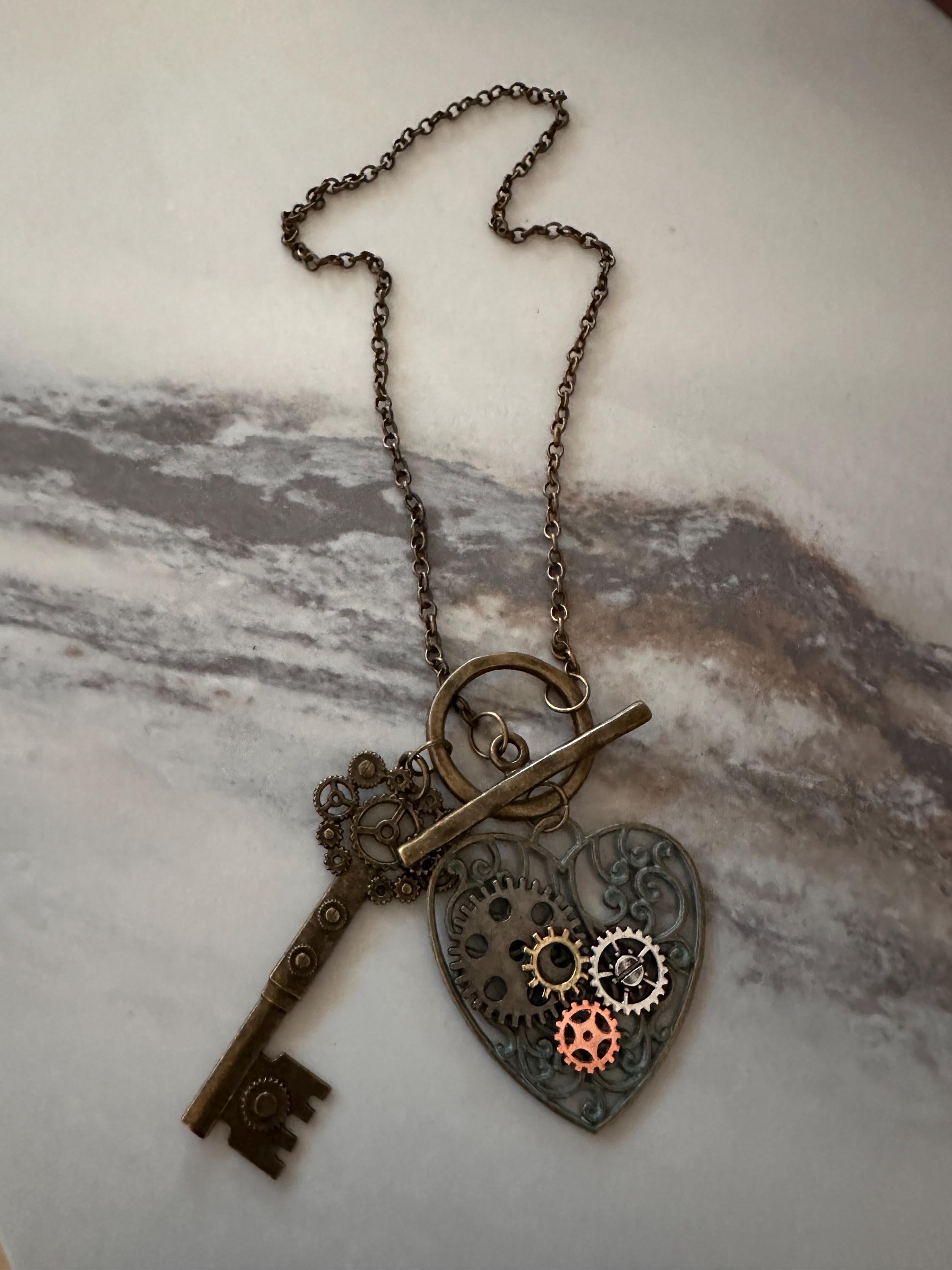 Steampunk Heart Necklace: Antique Bronze Key, Patina Gears