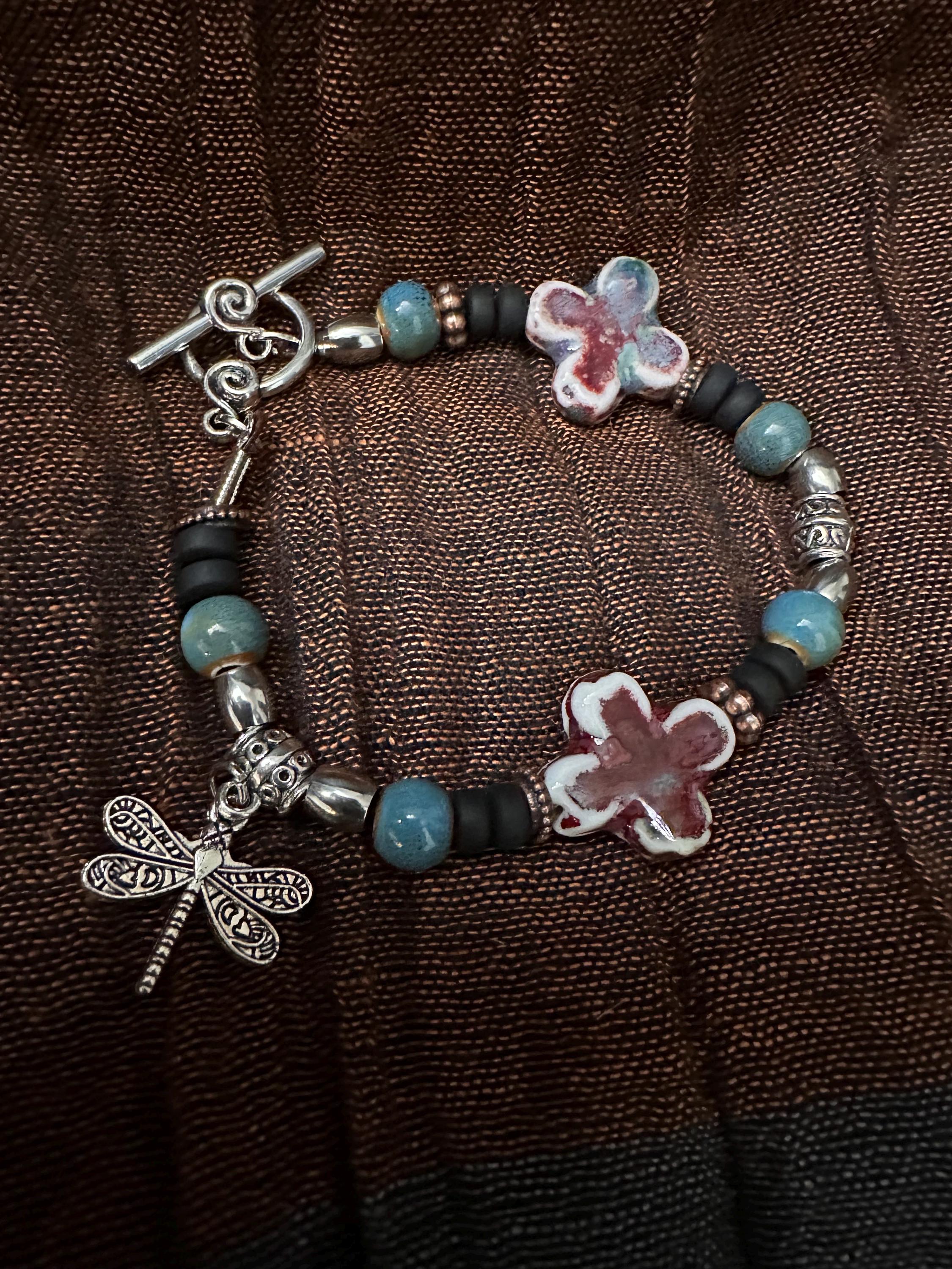 Bracelet,  Dragonfly, Ceramic beads with a combination of stainless beads