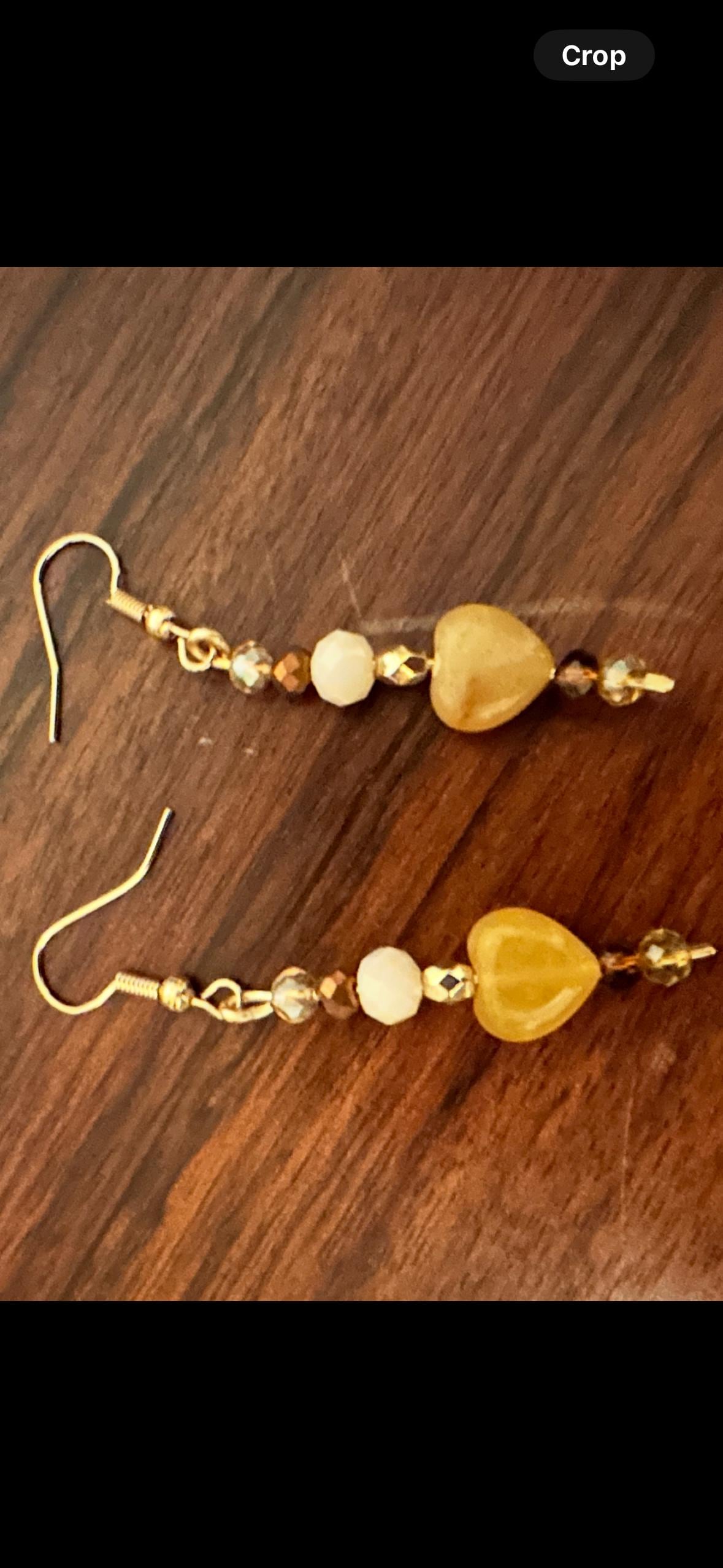 Earrings, Yellow Agate Hearts, Gold plated hooks