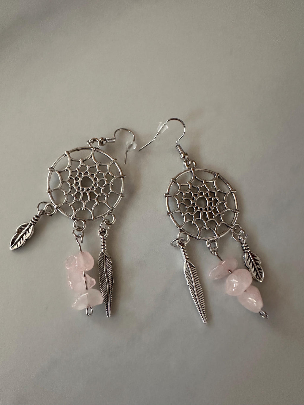 Rose Quartz Antique Silver Dream Catcher Earrings